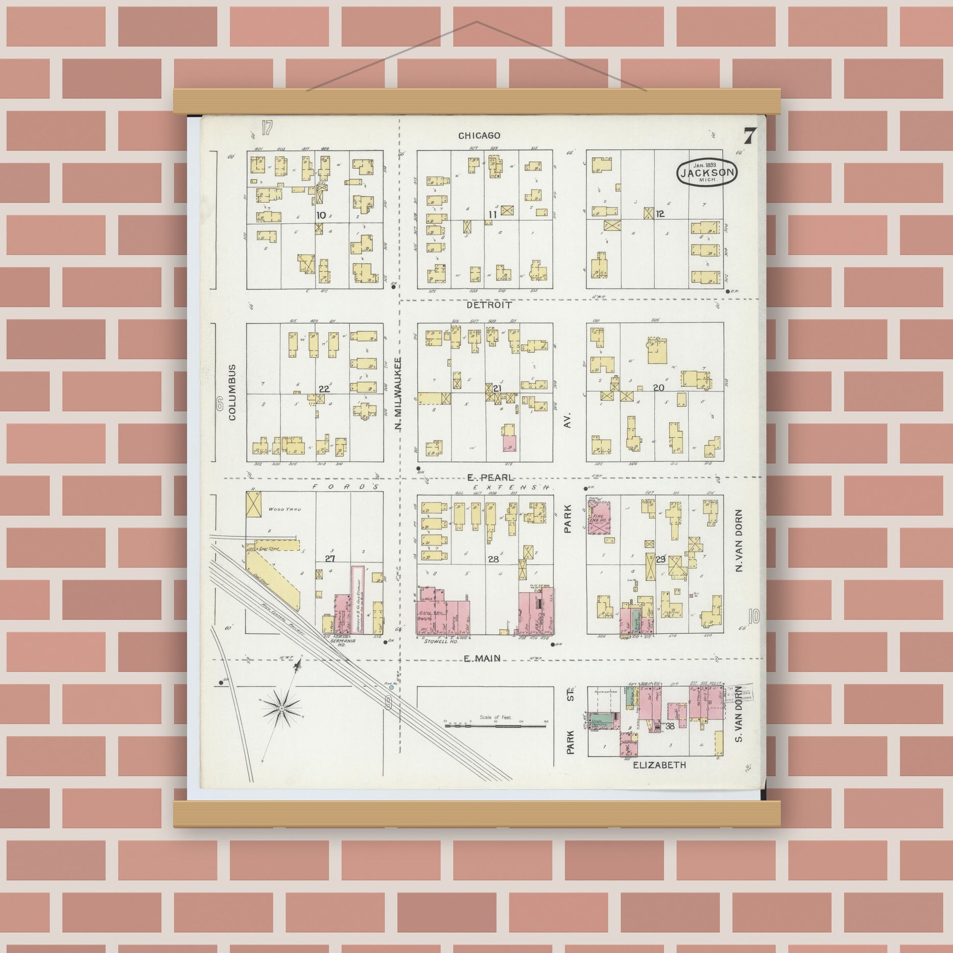 Old map wall art mockup — magnetic wood frame on brick wall — Sanborn Fire Insurance Map from Jackson, Jackson County, Michigan (1893), Sheet #0007