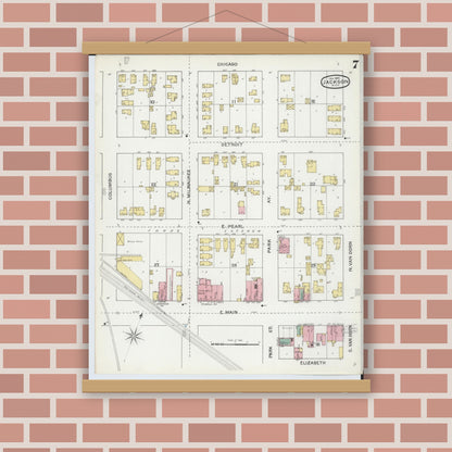Old map wall art mockup — magnetic wood frame on brick wall — Sanborn Fire Insurance Map from Jackson, Jackson County, Michigan (1893), Sheet #0007