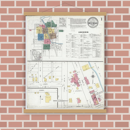 Old map wall art mockup — magnetic wood frame on brick wall — Sanborn Fire Insurance Map from West Bend, Washington County, Wisconsin (1919) - Complete Map Set