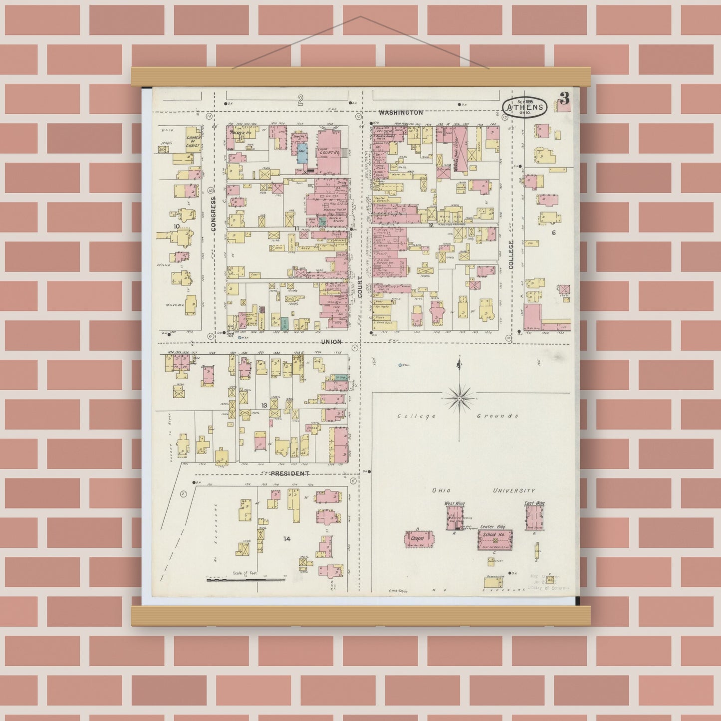Old map wall art mockup — magnetic wood frame on brick wall — Sanborn Fire Insurance Map from Athens, Athens County, Ohio (1895), Sheet #0003