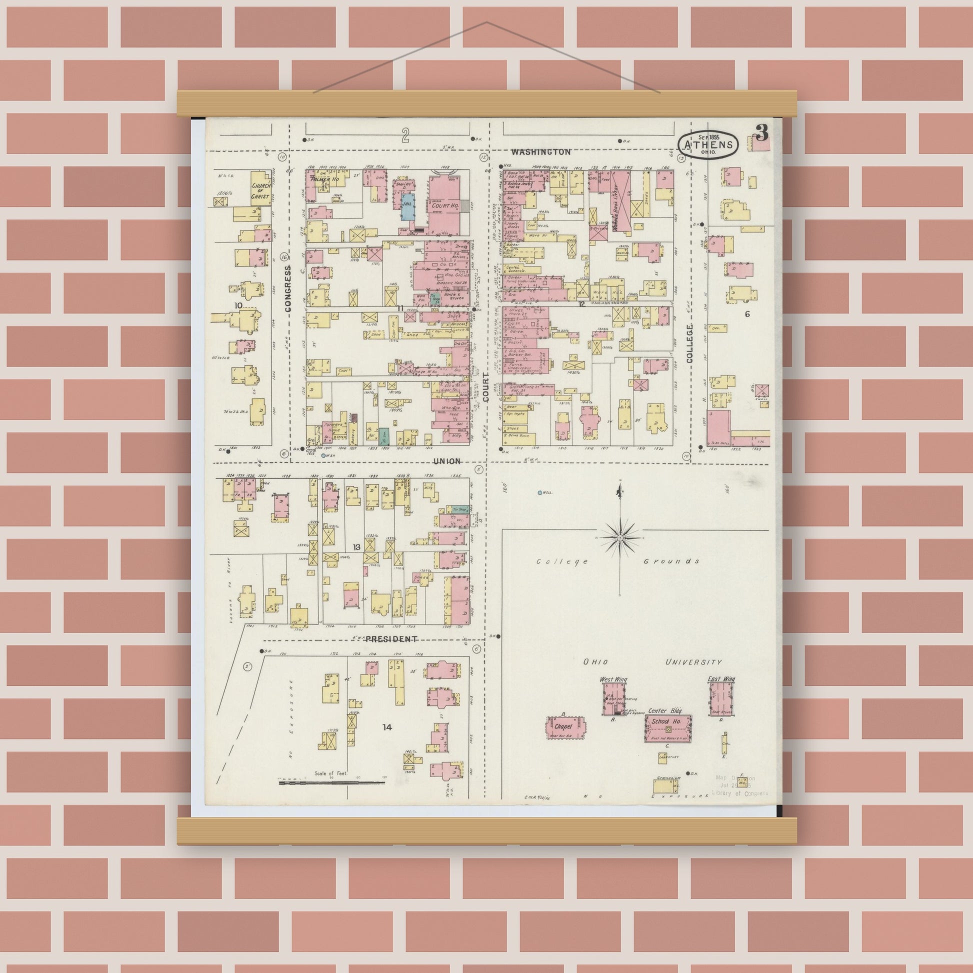 Old map wall art mockup — magnetic wood frame on brick wall — Sanborn Fire Insurance Map from Athens, Athens County, Ohio (1895), Sheet #0003