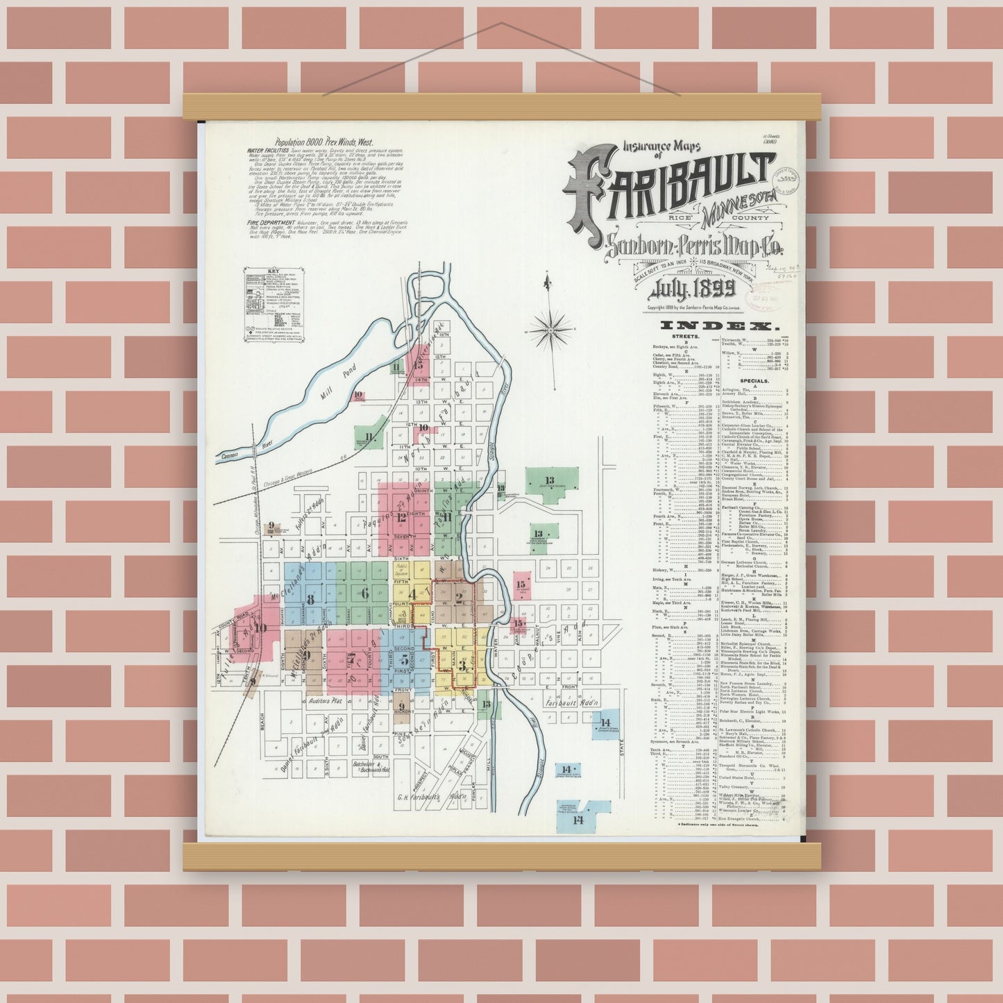 Old map wall art mockup — magnetic wood frame on brick wall — Sanborn Fire Insurance Map from Faribault, Rice County, Minnesota (1899) - Complete Map Set