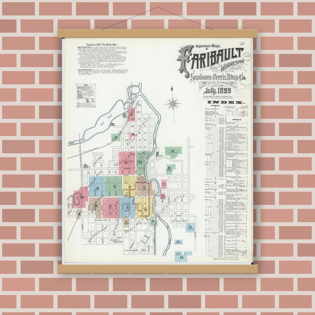 Old map wall art mockup — magnetic wood frame on brick wall — Sanborn Fire Insurance Map from Faribault, Rice County, Minnesota (1899) - Complete Map Set