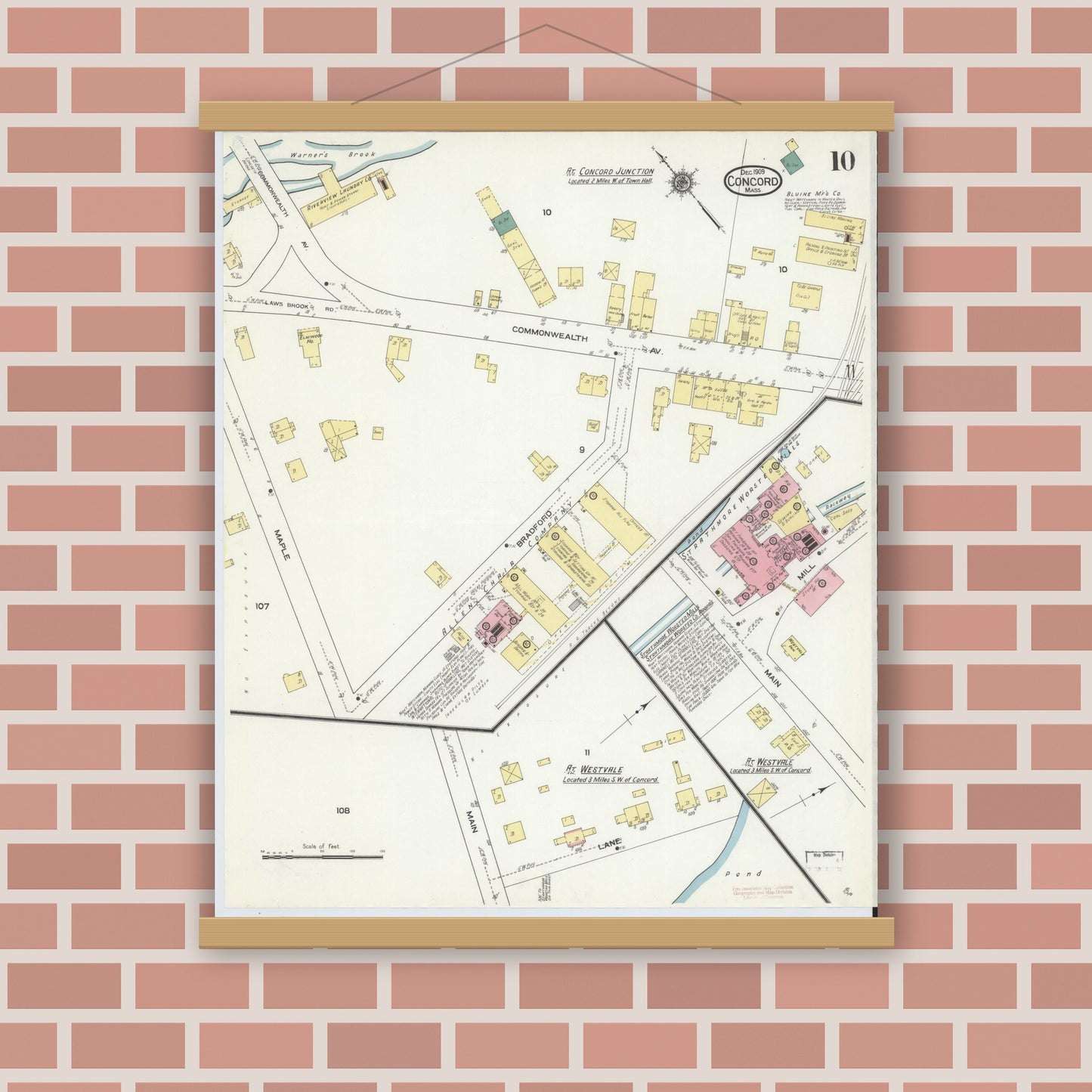 Old map wall art mockup — magnetic wood frame on brick wall — Sanborn Fire Insurance Map from Concord, Middlesex County, Massachusetts (1909), Sheet #0010