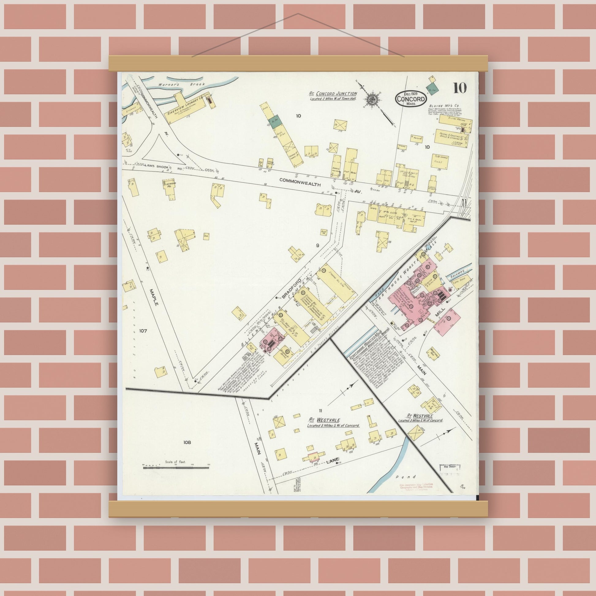 Old map wall art mockup — magnetic wood frame on brick wall — Sanborn Fire Insurance Map from Concord, Middlesex County, Massachusetts (1909), Sheet #0010