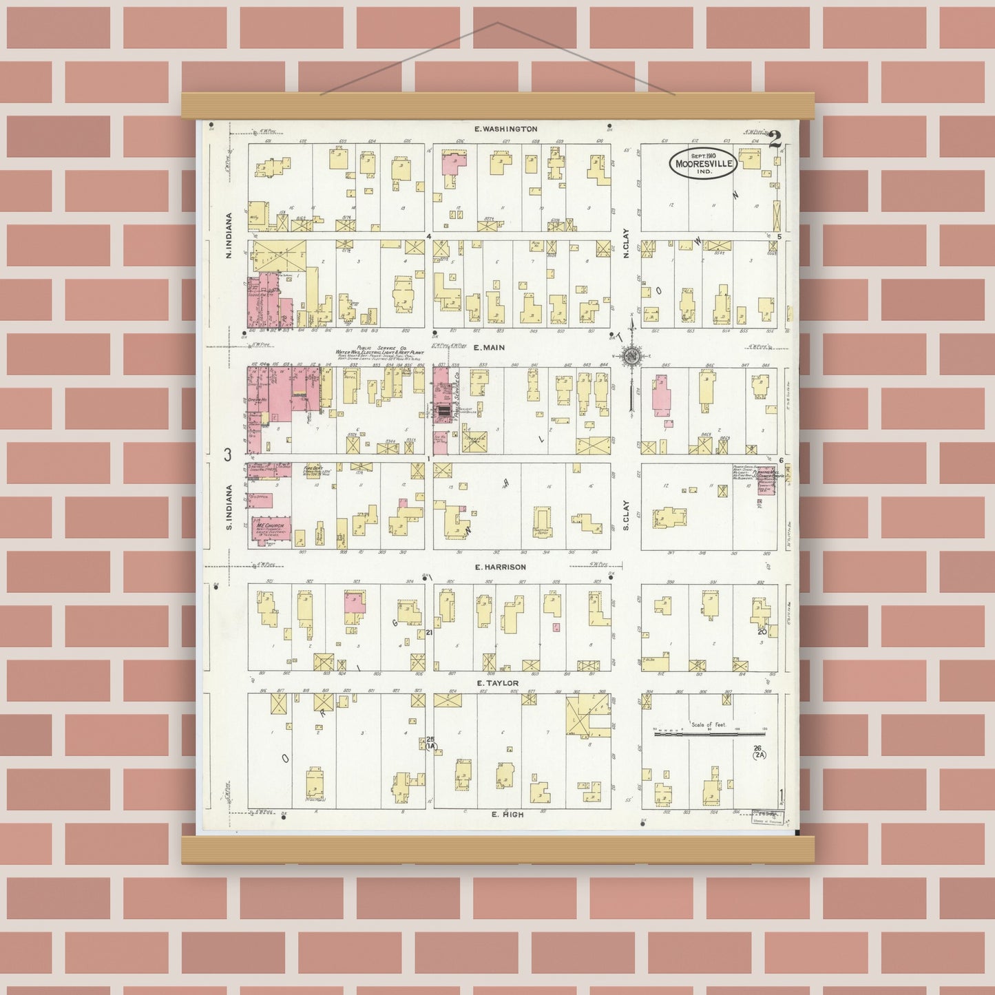 Old map wall art mockup — magnetic wood frame on brick wall — Sanborn Fire Insurance Map from Mooresville, Morgan County, Indiana (1910), Sheet #0002