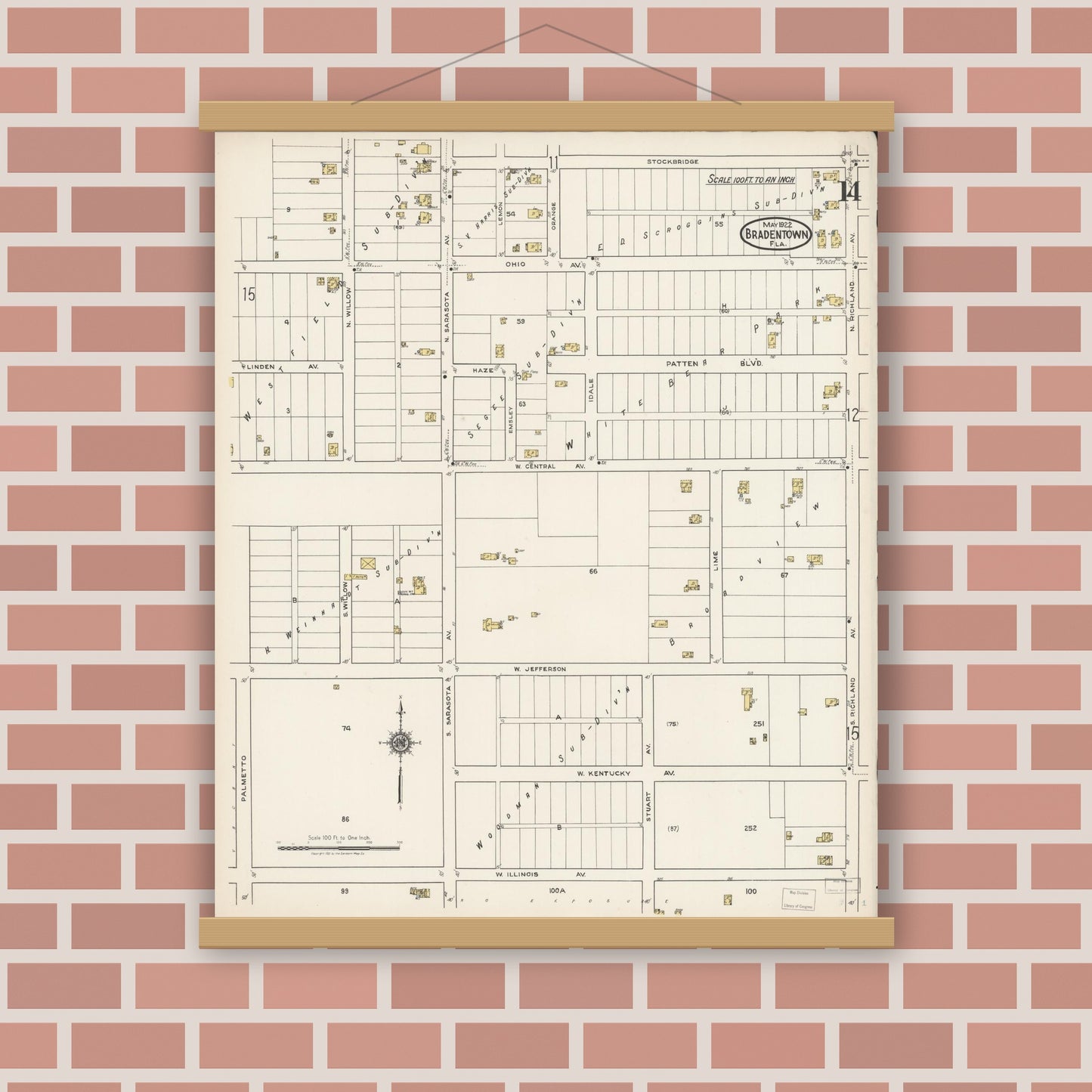 Old map wall art mockup — magnetic wood frame on brick wall — Sanborn Fire Insurance Map from Bradentown, Manatee County, Florida (1922), Sheet #0014