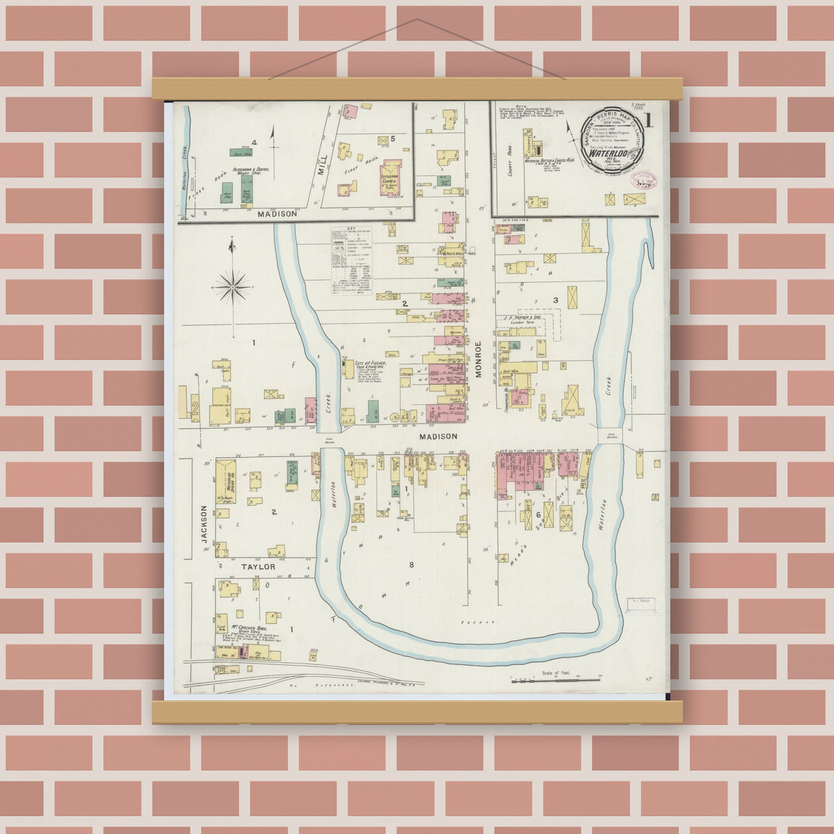 Old map wall art mockup — magnetic wood frame on brick wall — Sanborn Fire Insurance Map from Waterloo, Jefferson County, Wisconsin (1894) - Complete Map Set