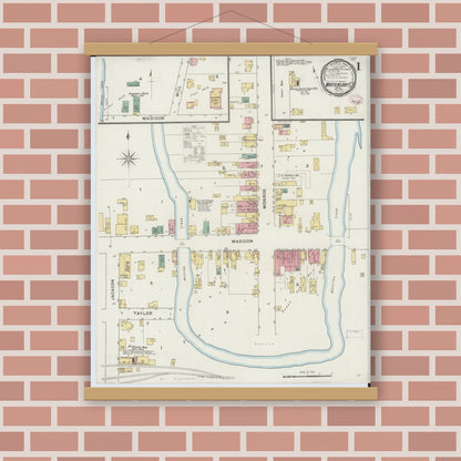 Old map wall art mockup — magnetic wood frame on brick wall — Sanborn Fire Insurance Map from Waterloo, Jefferson County, Wisconsin (1894) - Complete Map Set