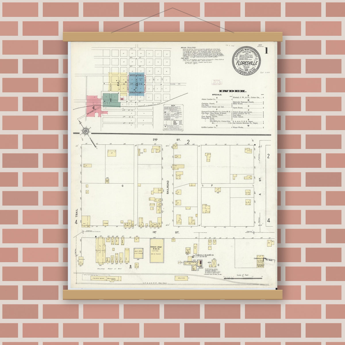 Old map wall art mockup — magnetic wood frame on brick wall — Sanborn Fire Insurance Map from Floresville, Wilson County, Texas (1912) - Complete Map Set