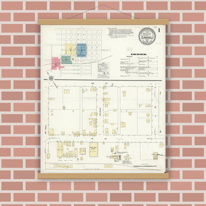 Old map wall art mockup — magnetic wood frame on brick wall — Sanborn Fire Insurance Map from Floresville, Wilson County, Texas (1912) - Complete Map Set