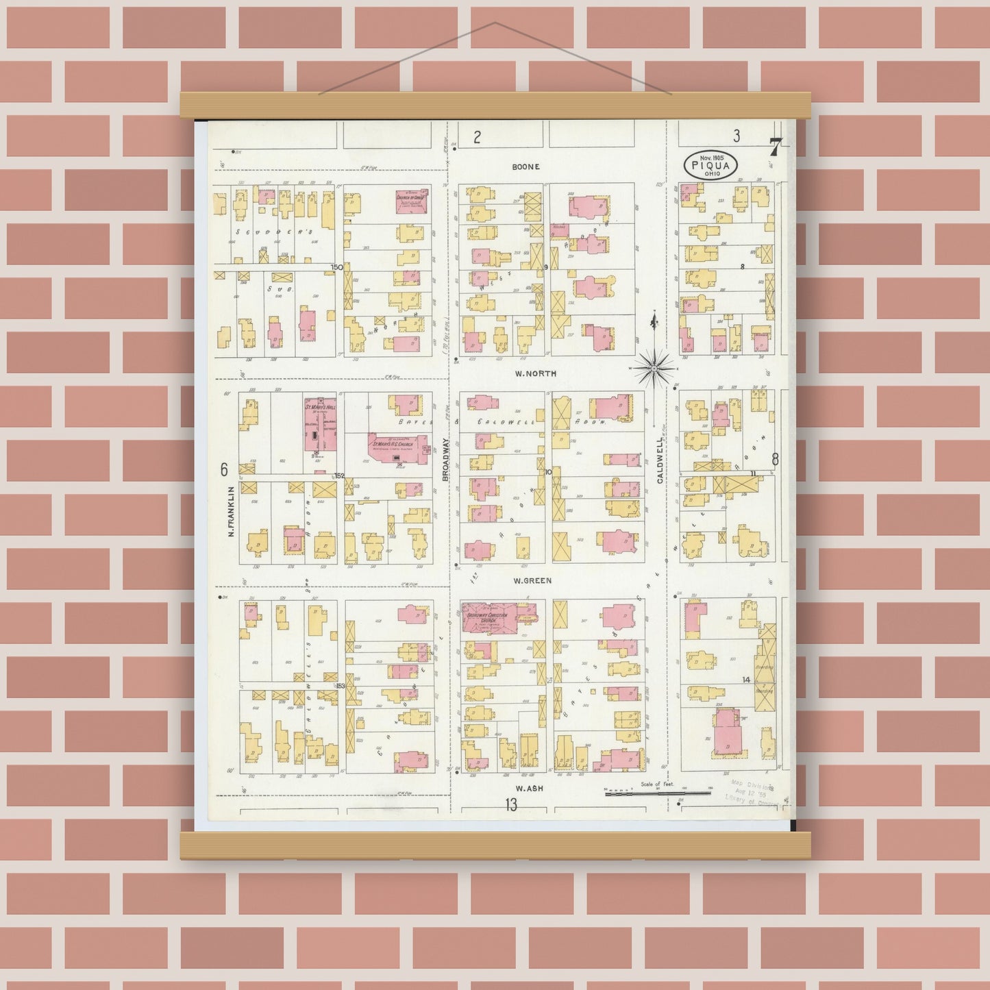 Old map wall art mockup — magnetic wood frame on brick wall — Sanborn Fire Insurance Map from Piqua, Miami County, Ohio (1905), Sheet #0007