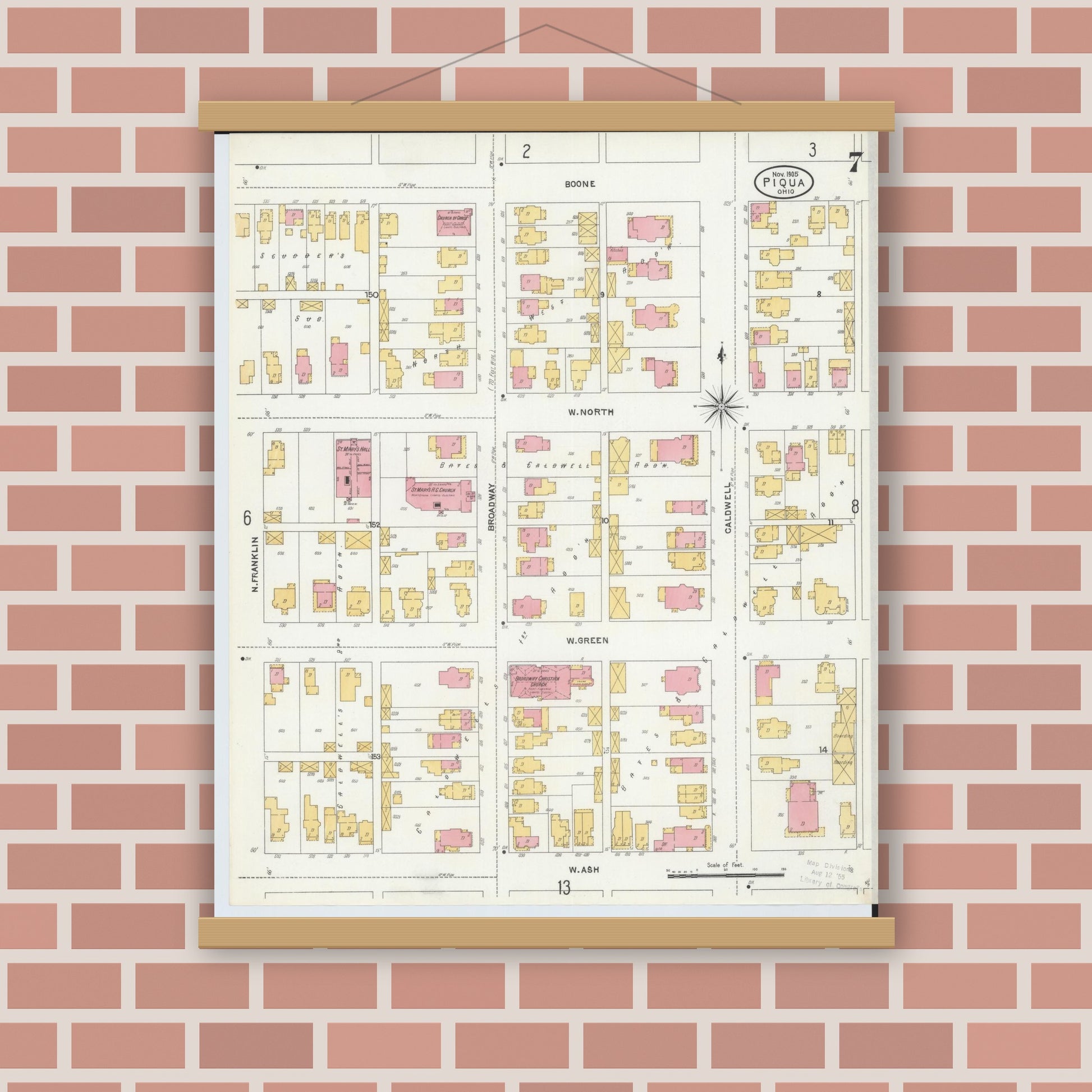 Old map wall art mockup — magnetic wood frame on brick wall — Sanborn Fire Insurance Map from Piqua, Miami County, Ohio (1905), Sheet #0007