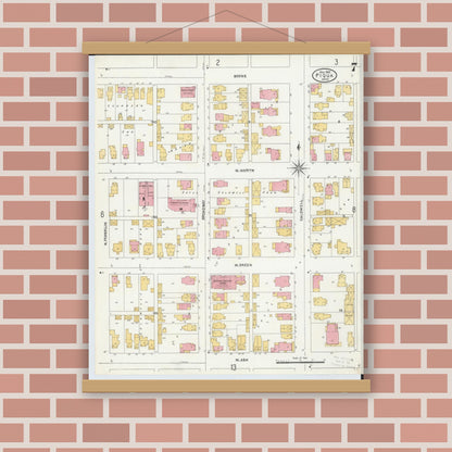 Old map wall art mockup — magnetic wood frame on brick wall — Sanborn Fire Insurance Map from Piqua, Miami County, Ohio (1905), Sheet #0007