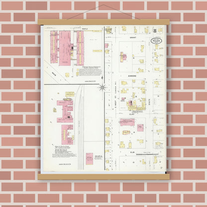 Old map wall art mockup — magnetic wood frame on brick wall — Sanborn Fire Insurance Map from Niles, Berrien County, Michigan (1907), Sheet #0008