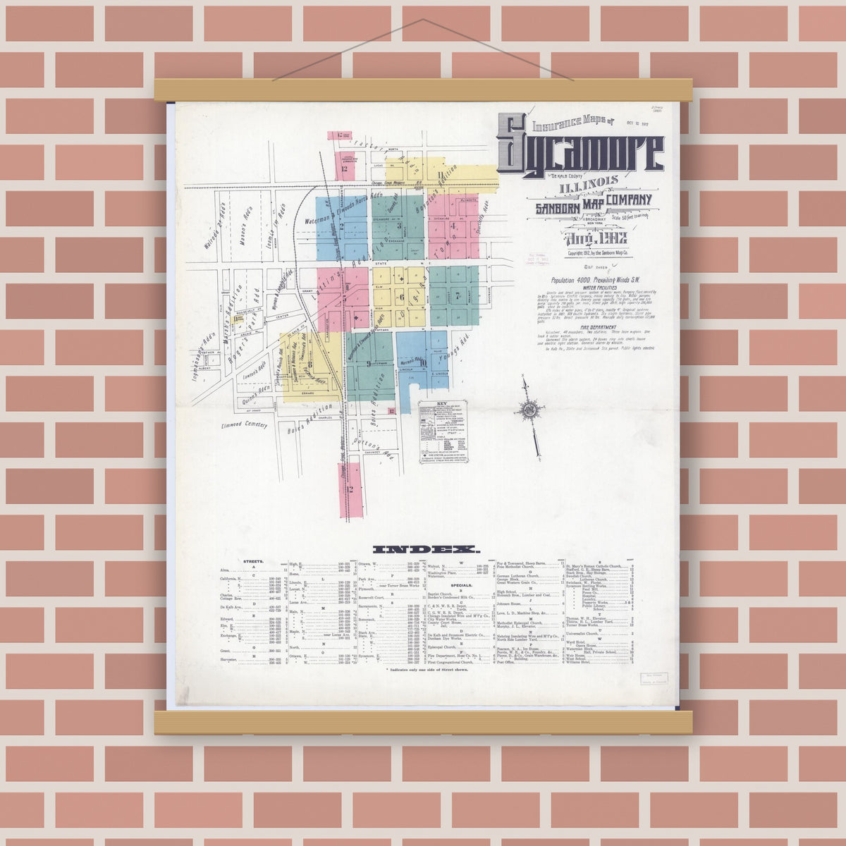 Old map wall art mockup — magnetic wood frame on brick wall — Sanborn Fire Insurance Map from Sycamore, De Kalb County, Illinois (1912) - Complete Map Set