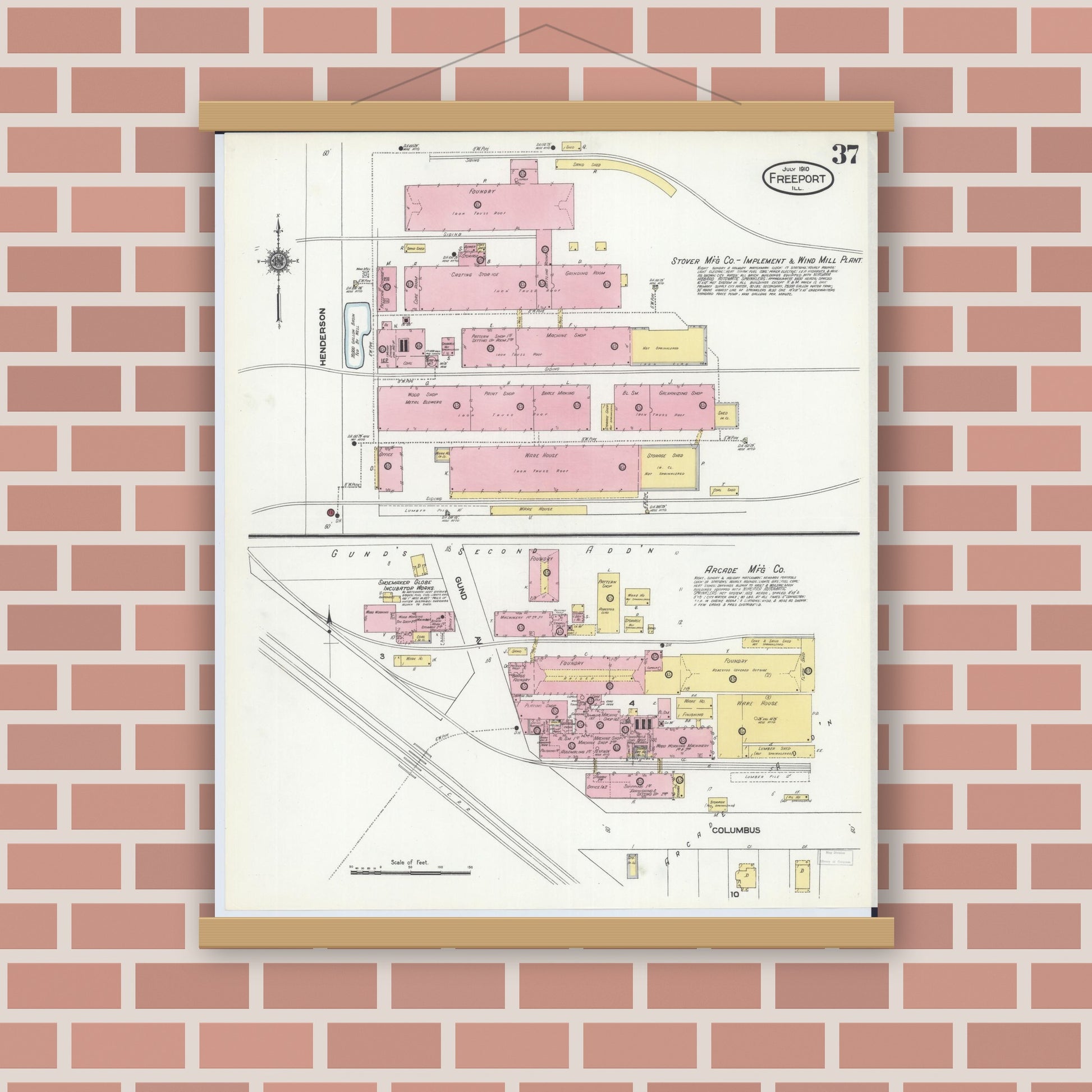 Old map wall art mockup — magnetic wood frame on brick wall — Sanborn Fire Insurance Map from Freeport, Stephenson County, Illinois (1910), Sheet #0037
