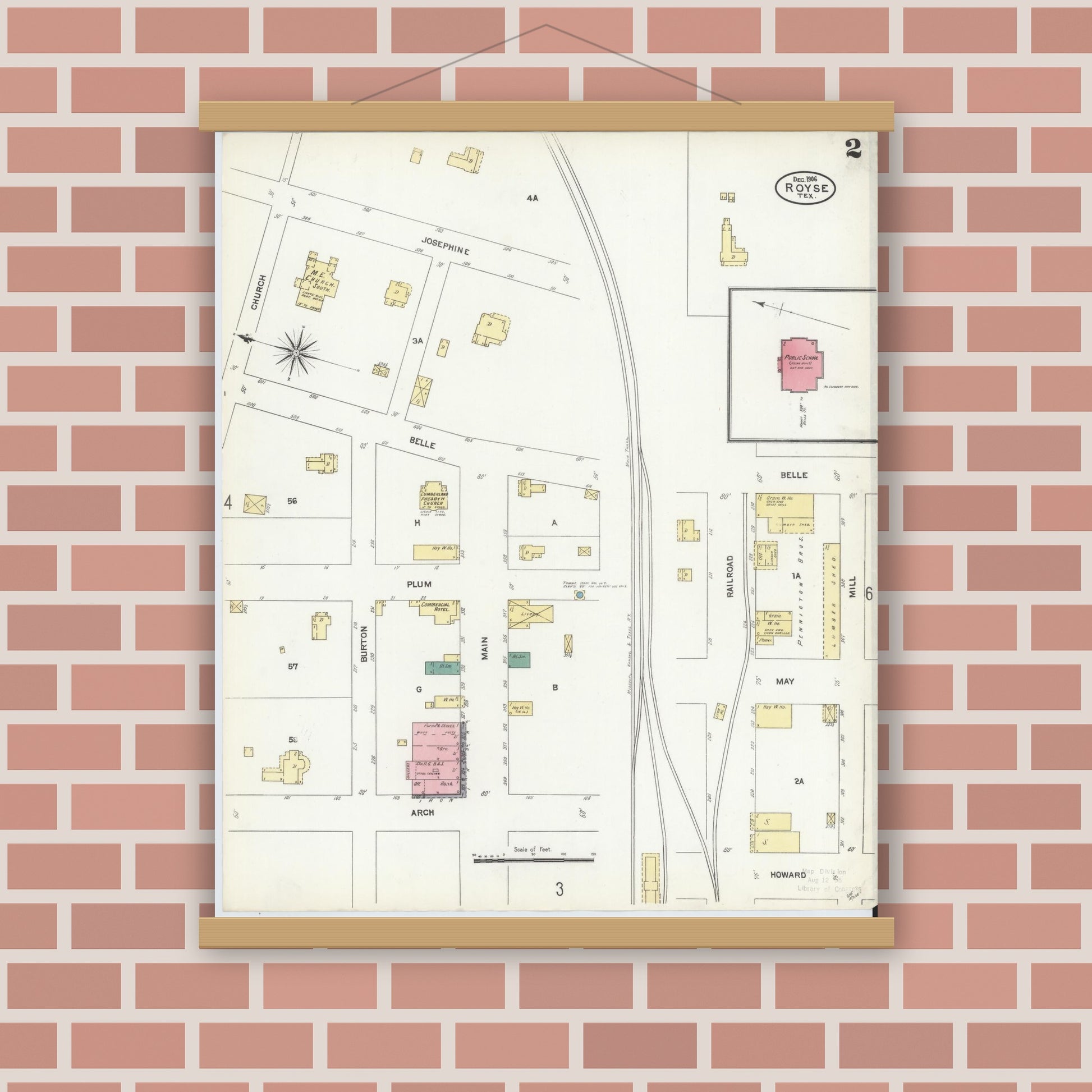 Old map wall art mockup — magnetic wood frame on brick wall — Sanborn Fire Insurance Map from Royse City, Rockwell County, Texas (1906), Sheet #0002