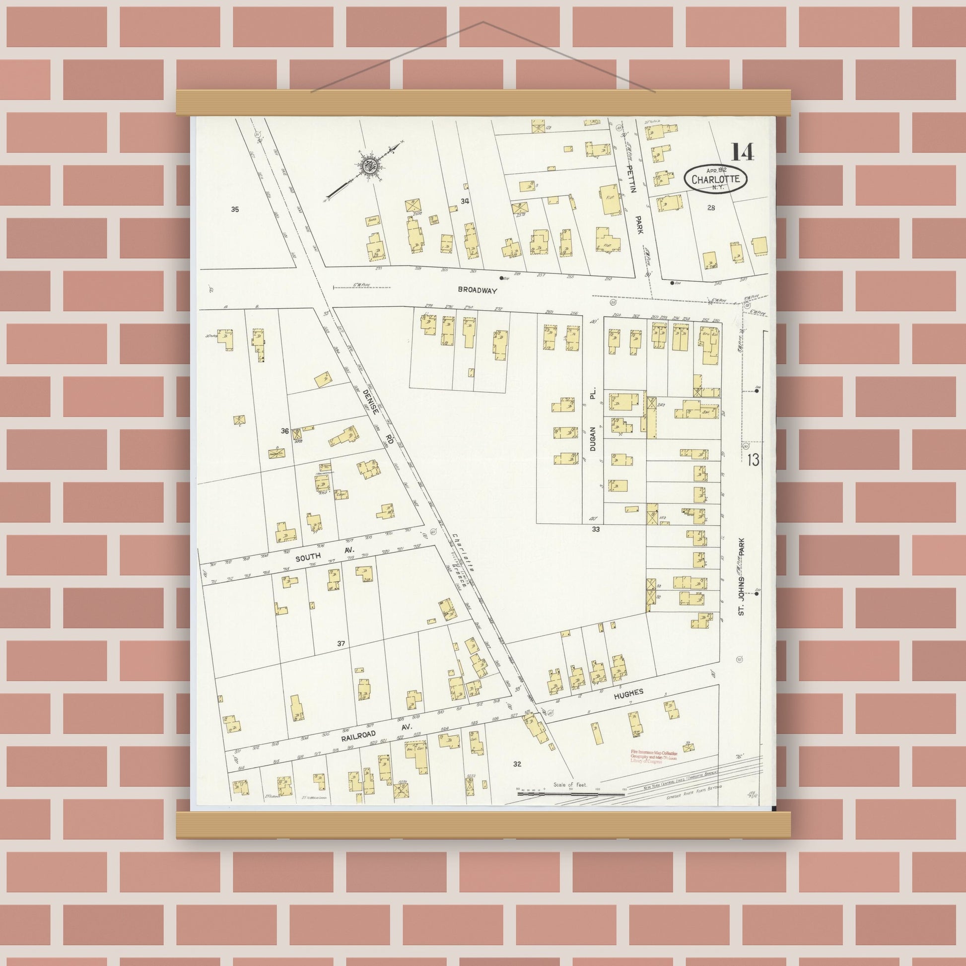 Old map wall art mockup — magnetic wood frame on brick wall — Sanborn Fire Insurance Map from Charlotte, Monroe County, New York (1912), Sheet #0014