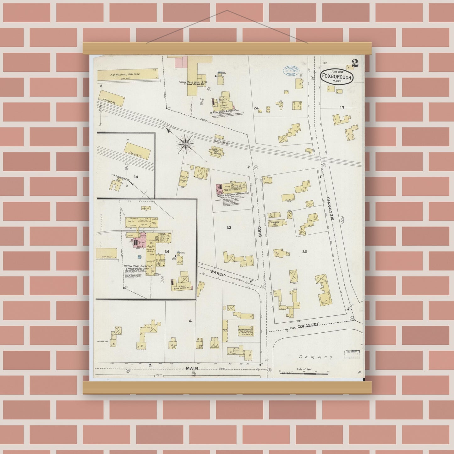 Old map wall art mockup — magnetic wood frame on brick wall — Sanborn Fire Insurance Map from Foxboro, Norfolk County, Massachusetts (1894), Sheet #0002
