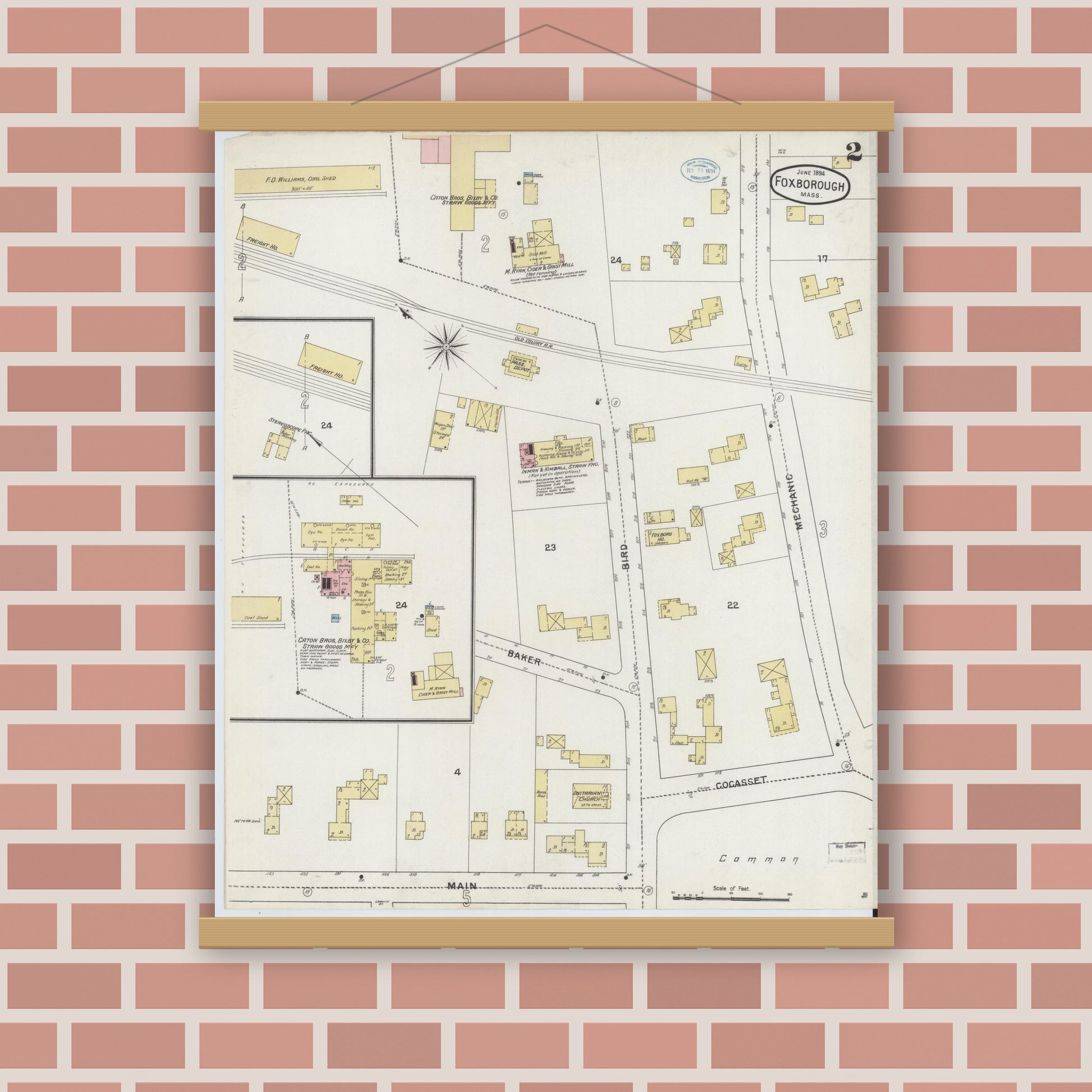 Old map wall art mockup — magnetic wood frame on brick wall — Sanborn Fire Insurance Map from Foxboro, Norfolk County, Massachusetts (1894), Sheet #0002