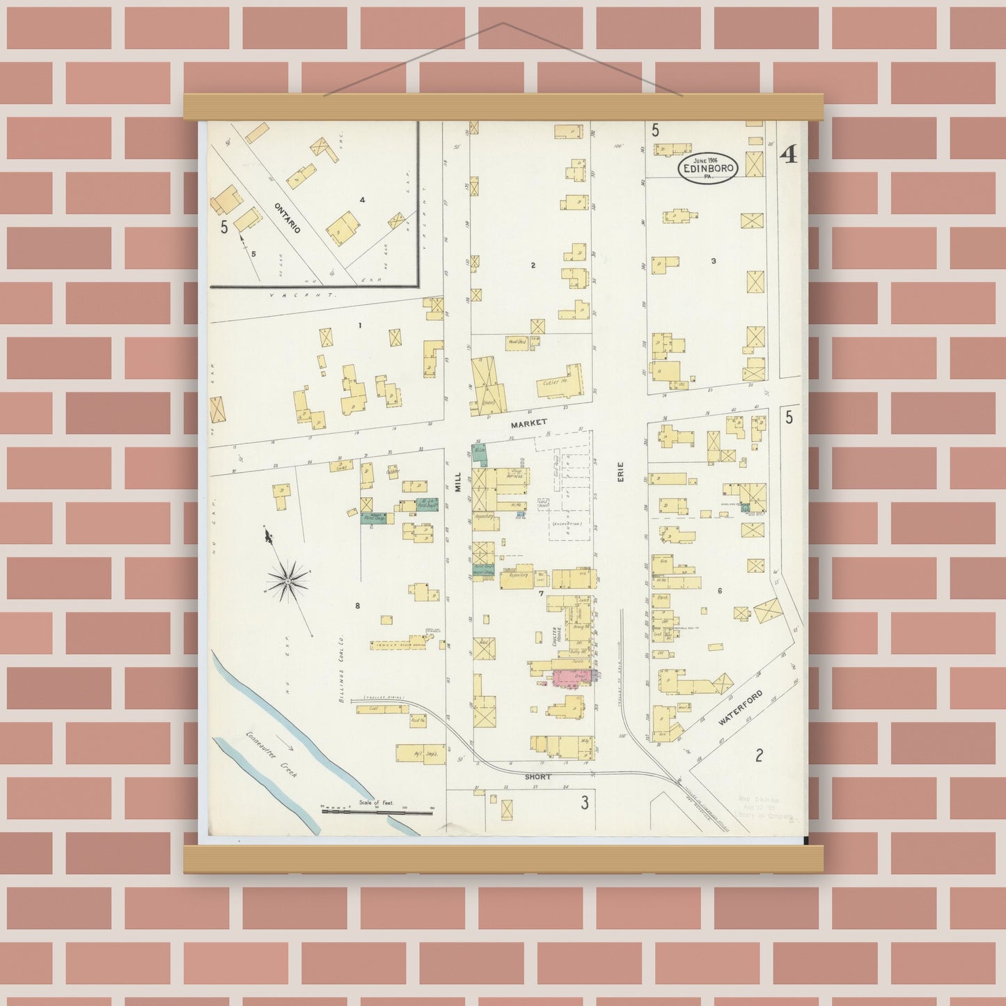 Old map wall art mockup — magnetic wood frame on brick wall — Sanborn Fire Insurance Map from Edinboro, Erie County, Pennsylvania (1906), Sheet #0004
