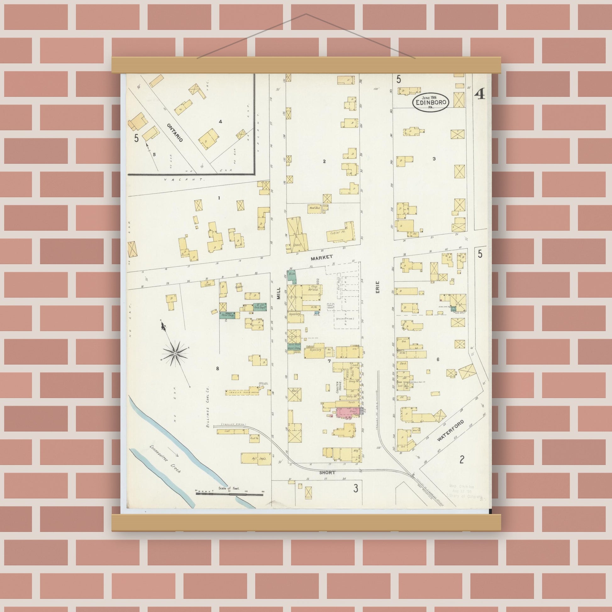 Old map wall art mockup — magnetic wood frame on brick wall — Sanborn Fire Insurance Map from Edinboro, Erie County, Pennsylvania (1906), Sheet #0004