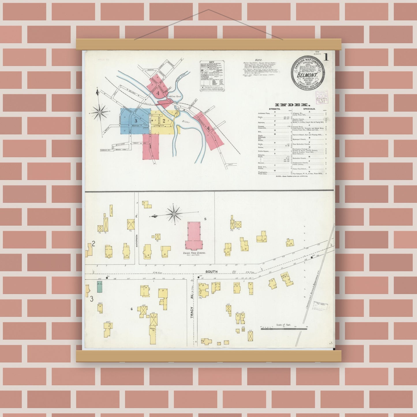 Old map wall art mockup — magnetic wood frame on brick wall — Sanborn Fire Insurance Map from Belmont, Allegany County, New York (1904), Sheet #0001