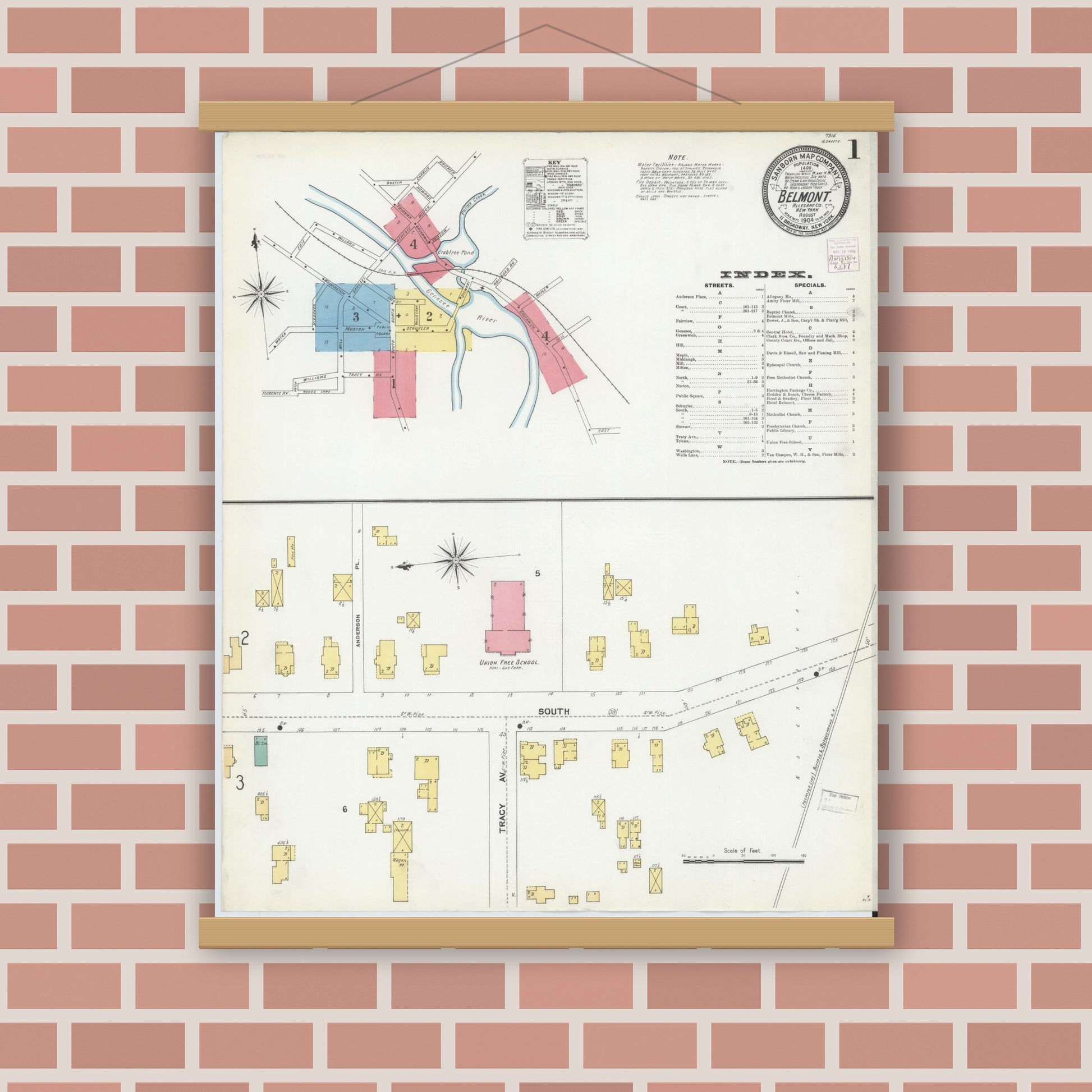 Old map wall art mockup — magnetic wood frame on brick wall — Sanborn Fire Insurance Map from Belmont, Allegany County, New York (1904), Sheet #0001