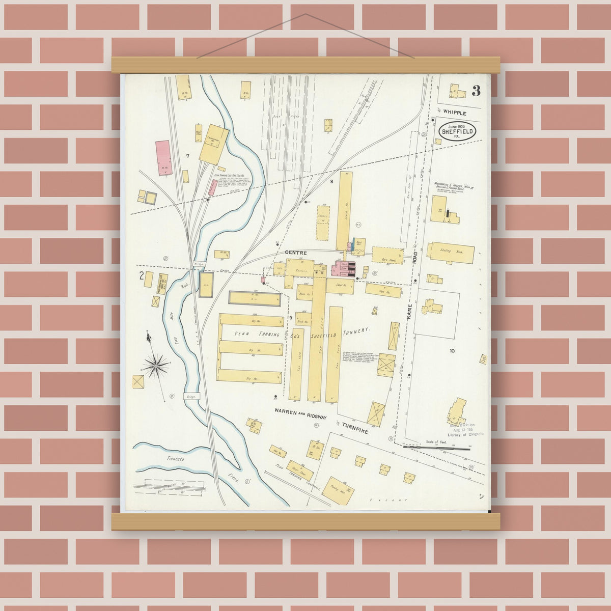 Old map wall art mockup — magnetic wood frame on brick wall — Sanborn Fire Insurance Map from Sheffield, Warren County, Pennsylvania (1905), Sheet #0003