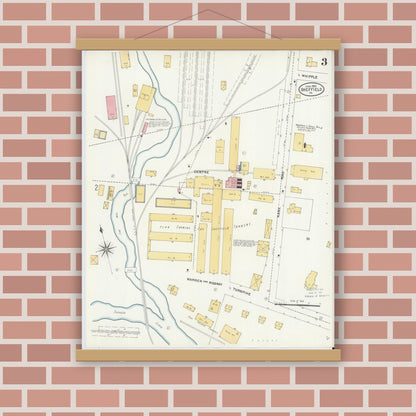 Old map wall art mockup — magnetic wood frame on brick wall — Sanborn Fire Insurance Map from Sheffield, Warren County, Pennsylvania (1905), Sheet #0003
