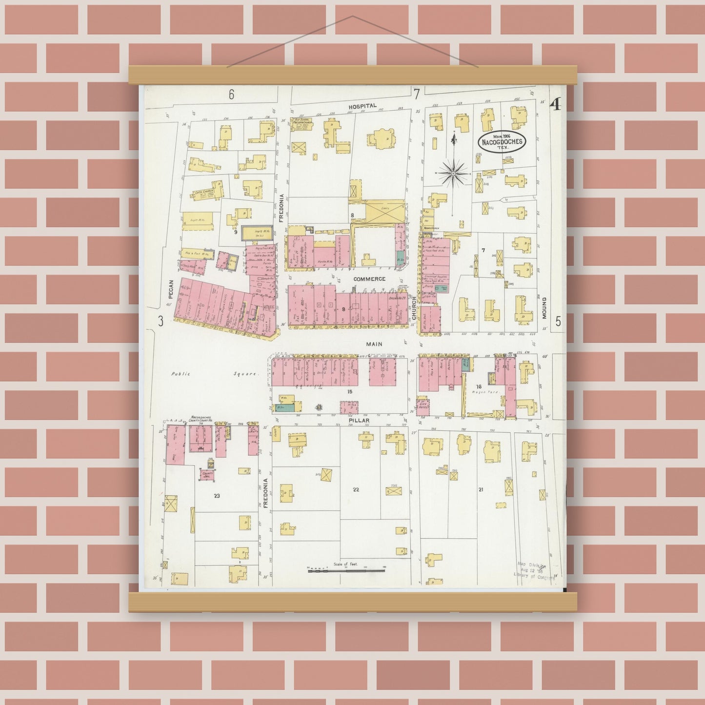 Old map wall art mockup — magnetic wood frame on brick wall — Sanborn Fire Insurance Map from Nacogdoches, Nacogdoches County, Texas (1906), Sheet #0004