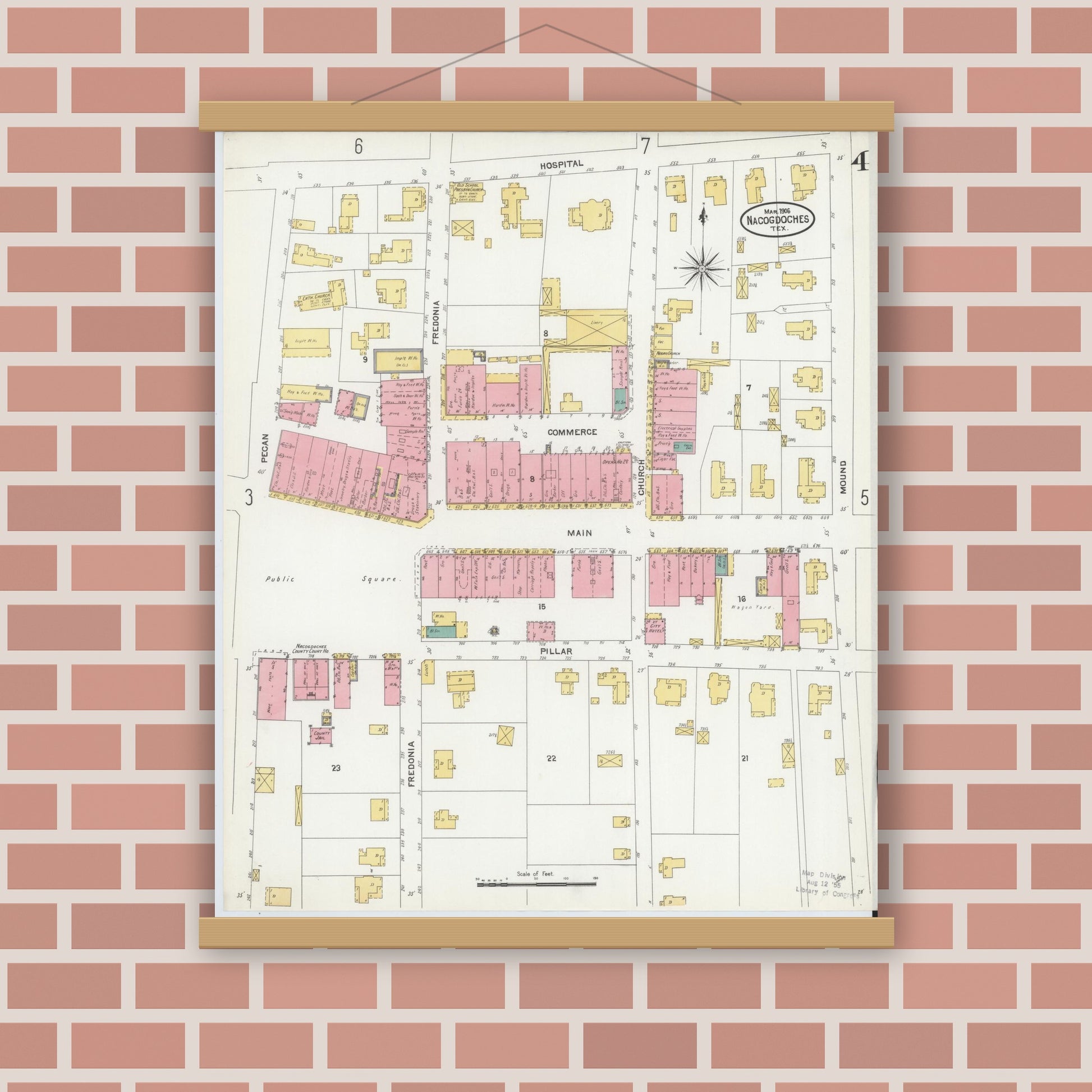 Old map wall art mockup — magnetic wood frame on brick wall — Sanborn Fire Insurance Map from Nacogdoches, Nacogdoches County, Texas (1906), Sheet #0004