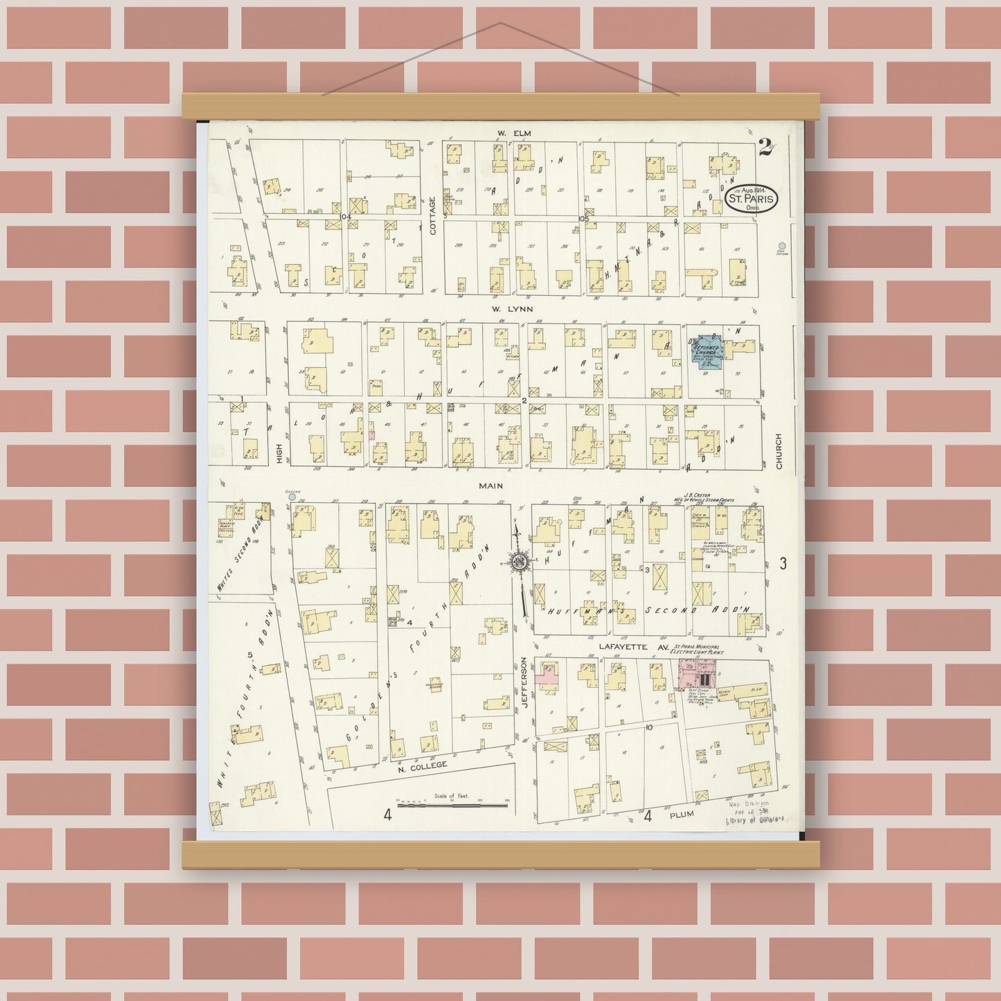 Old map wall art mockup — magnetic wood frame on brick wall — Sanborn Fire Insurance Map from Saint Paris, Champaign County, Ohio (1914), Sheet #0002