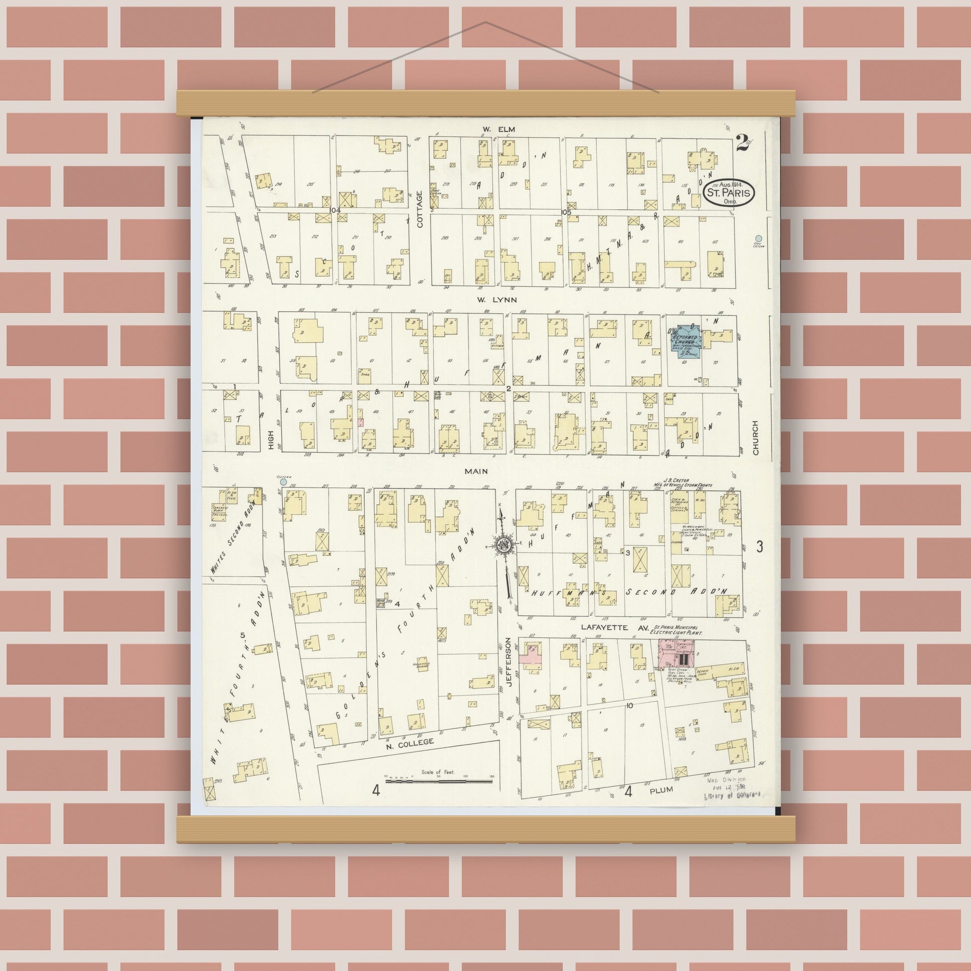 Old map wall art mockup — magnetic wood frame on brick wall — Sanborn Fire Insurance Map from Saint Paris, Champaign County, Ohio (1914), Sheet #0002