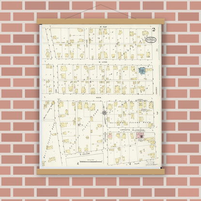 Old map wall art mockup — magnetic wood frame on brick wall — Sanborn Fire Insurance Map from Saint Paris, Champaign County, Ohio (1914), Sheet #0002