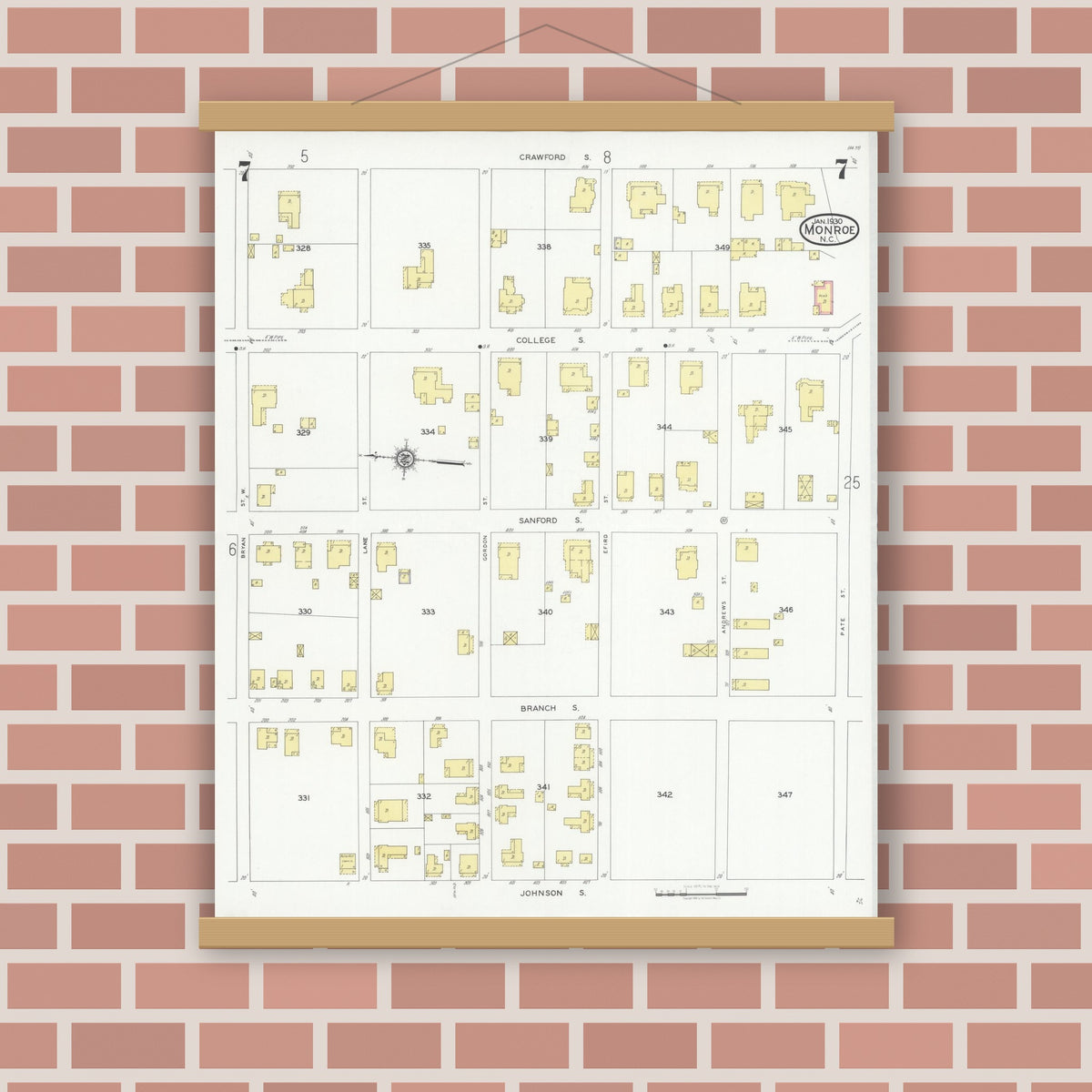 Old map wall art mockup — magnetic wood frame on brick wall — Sanborn Fire Insurance Map from Monroe, Union County, North Carolina (1930), Sheet #0007