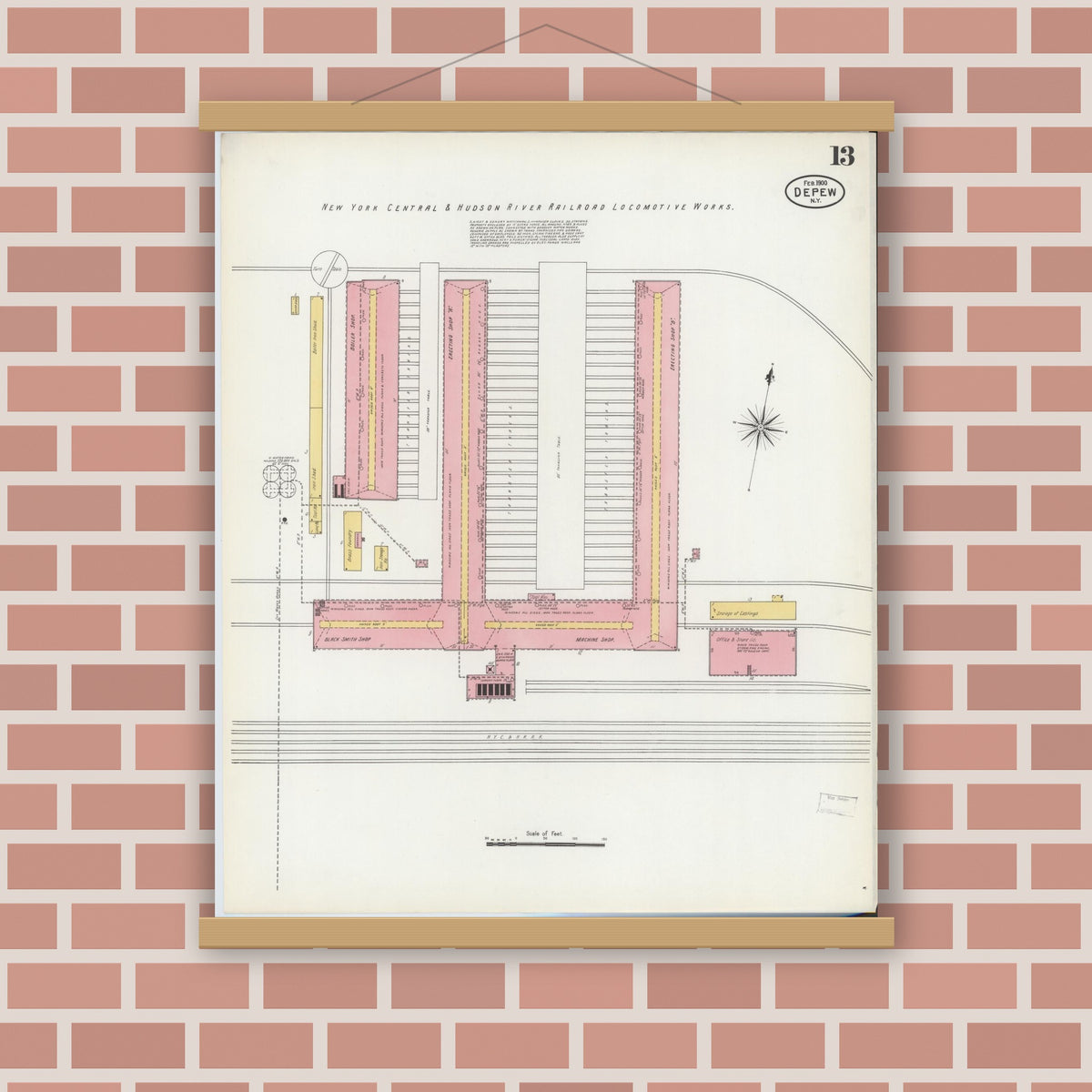Old map wall art mockup — magnetic wood frame on brick wall — Sanborn Fire Insurance Map from Depew, Erie County, New York (1900), Sheet #0013