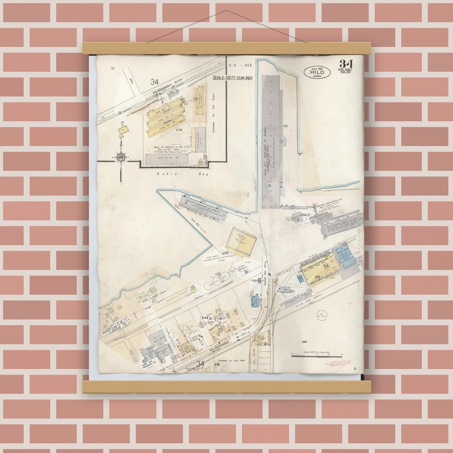 Old map wall art mockup — magnetic wood frame on brick wall — Sanborn Fire Insurance Map from Hilo, Hawaii County, Hawaii (1957), Sheet #0034