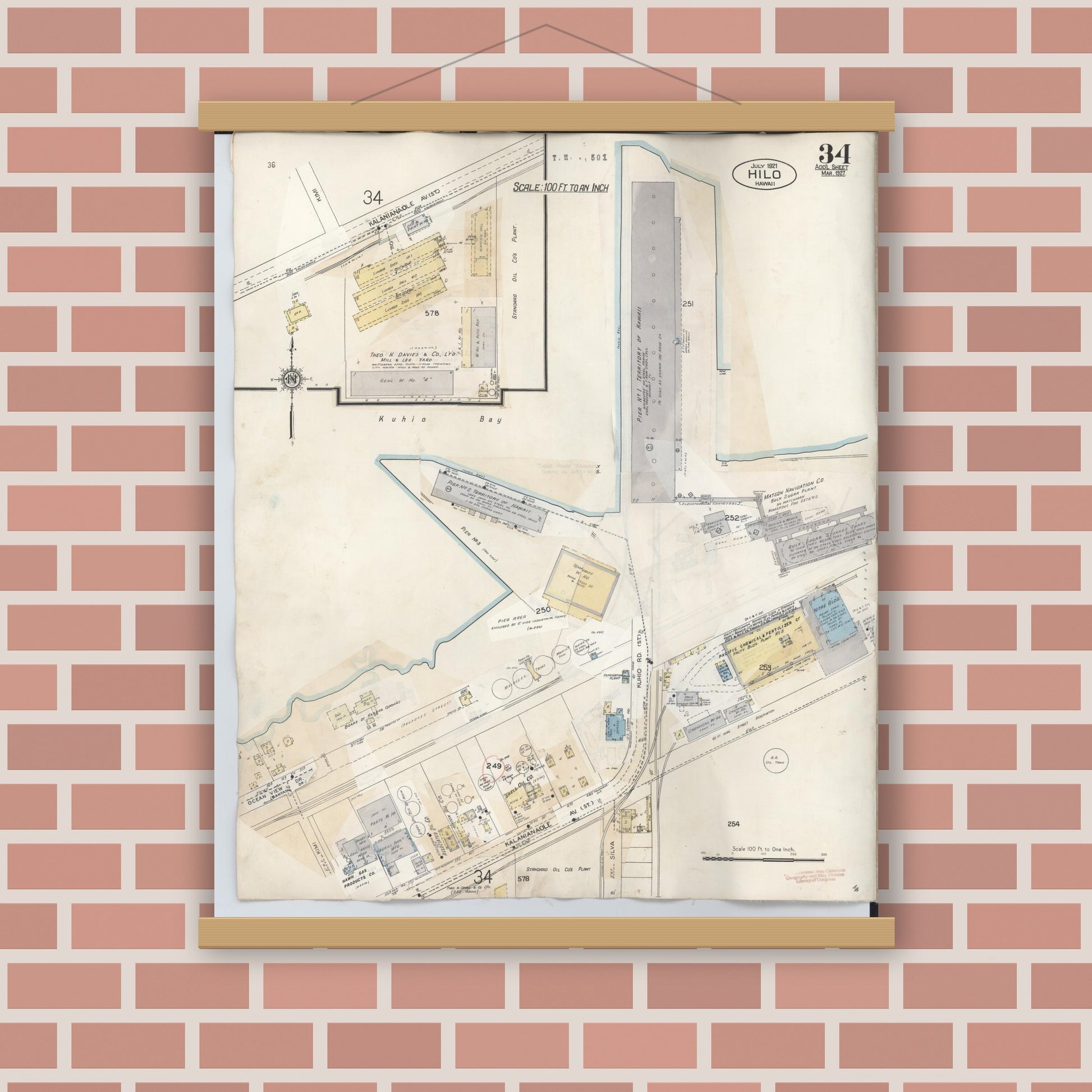 Old map wall art mockup — magnetic wood frame on brick wall — Sanborn Fire Insurance Map from Hilo, Hawaii County, Hawaii (1957), Sheet #0034