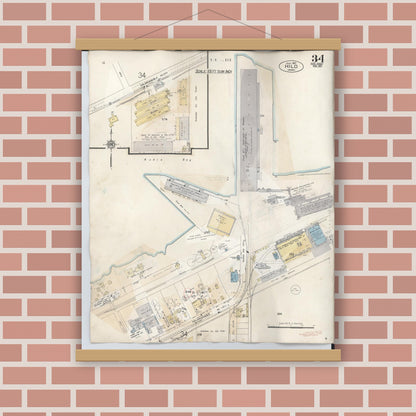 Old map wall art mockup — magnetic wood frame on brick wall — Sanborn Fire Insurance Map from Hilo, Hawaii County, Hawaii (1957), Sheet #0034