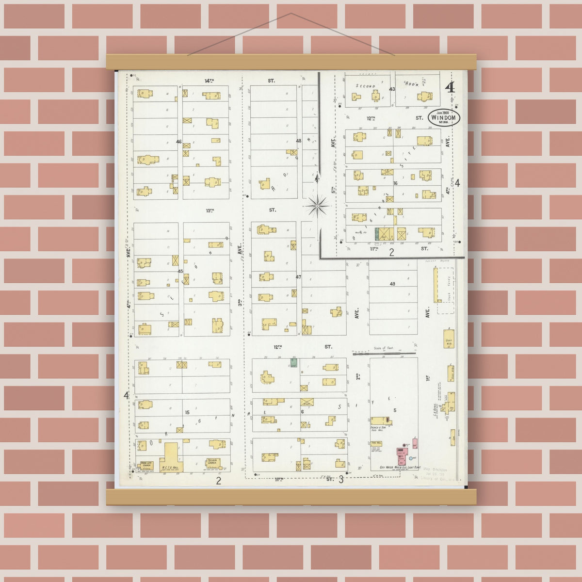 Old map wall art mockup — magnetic wood frame on brick wall — Sanborn Fire Insurance Map from Windom, Cottonwood County, Minnesota (1900), Sheet #0004