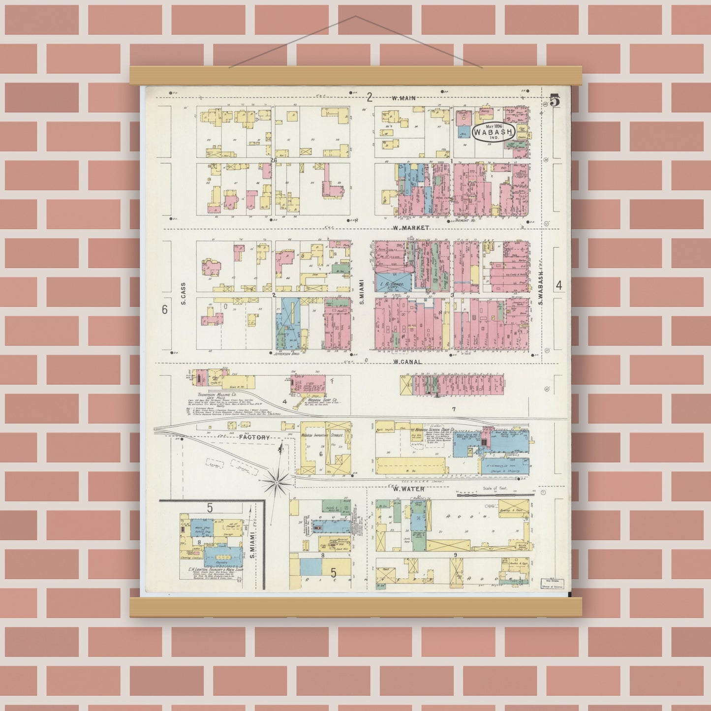 Old map wall art mockup — magnetic wood frame on brick wall — Sanborn Fire Insurance Map from Wabash, Wabash County, Indiana (1896), Sheet #0005