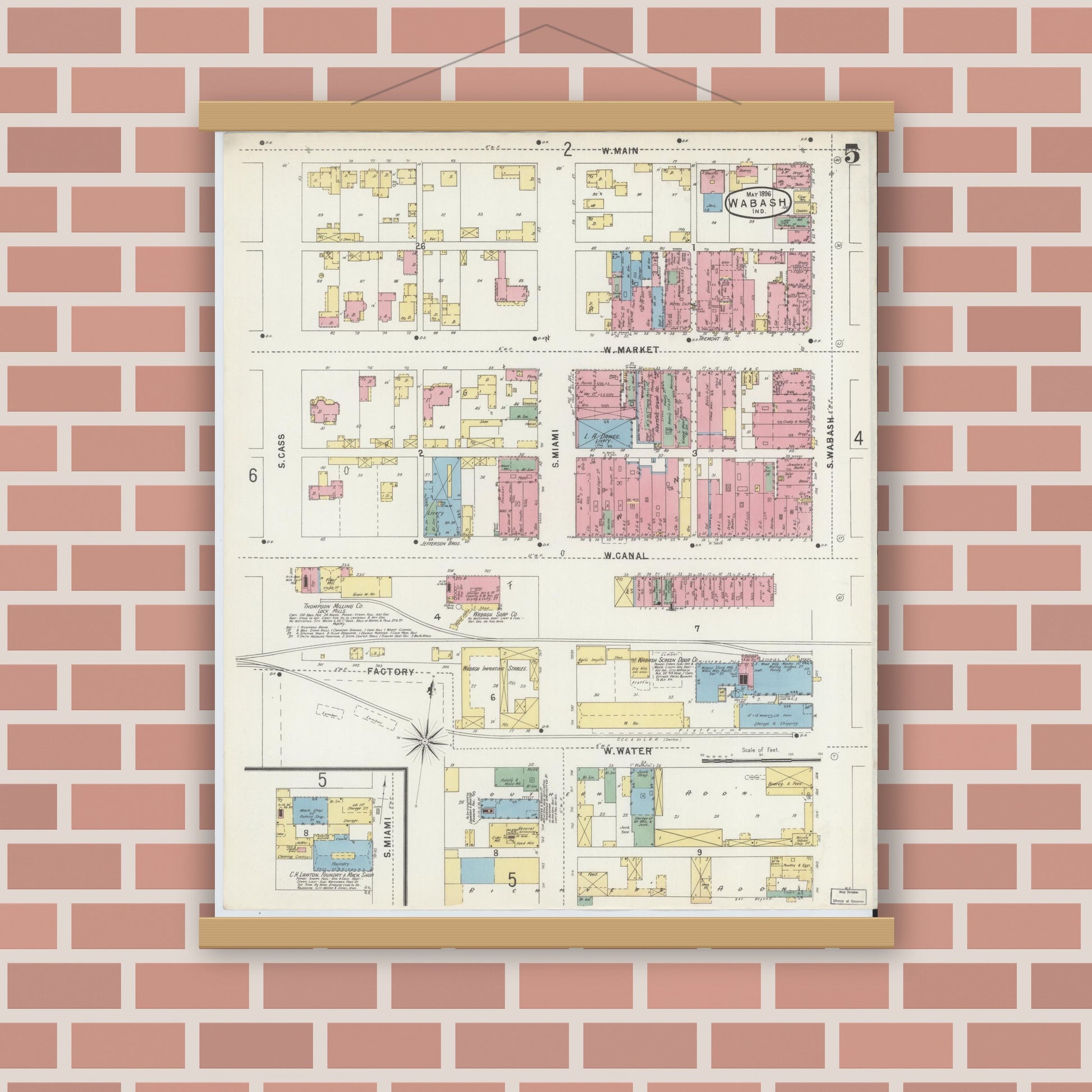 Old map wall art mockup — magnetic wood frame on brick wall — Sanborn Fire Insurance Map from Wabash, Wabash County, Indiana (1896), Sheet #0005