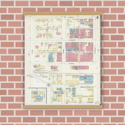 Old map wall art mockup — magnetic wood frame on brick wall — Sanborn Fire Insurance Map from Wabash, Wabash County, Indiana (1896), Sheet #0005