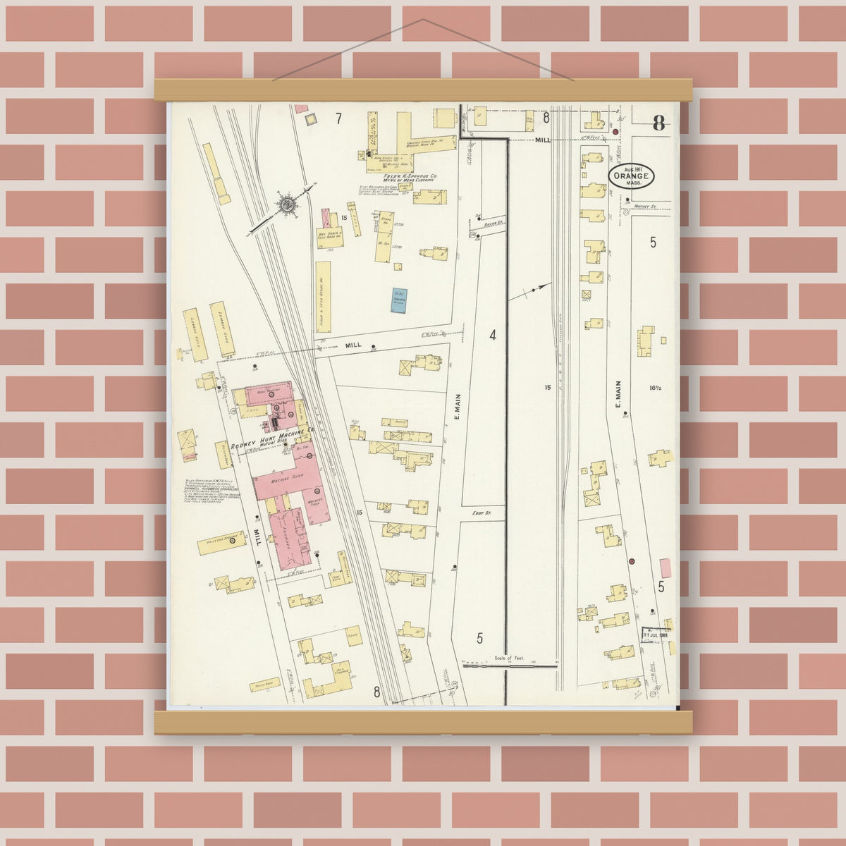 Old map wall art mockup — magnetic wood frame on brick wall — Sanborn Fire Insurance Map from Orange, Franklin County, Massachusetts (1911), Sheet #0008