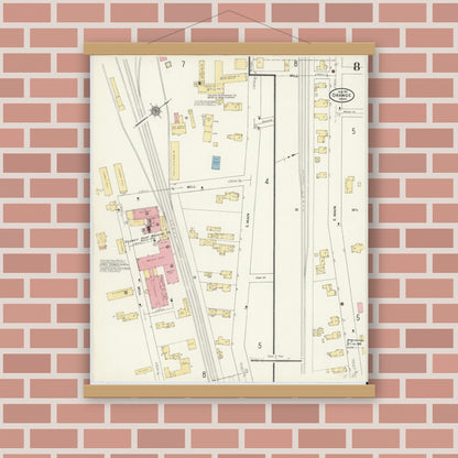 Old map wall art mockup — magnetic wood frame on brick wall — Sanborn Fire Insurance Map from Orange, Franklin County, Massachusetts (1911), Sheet #0008