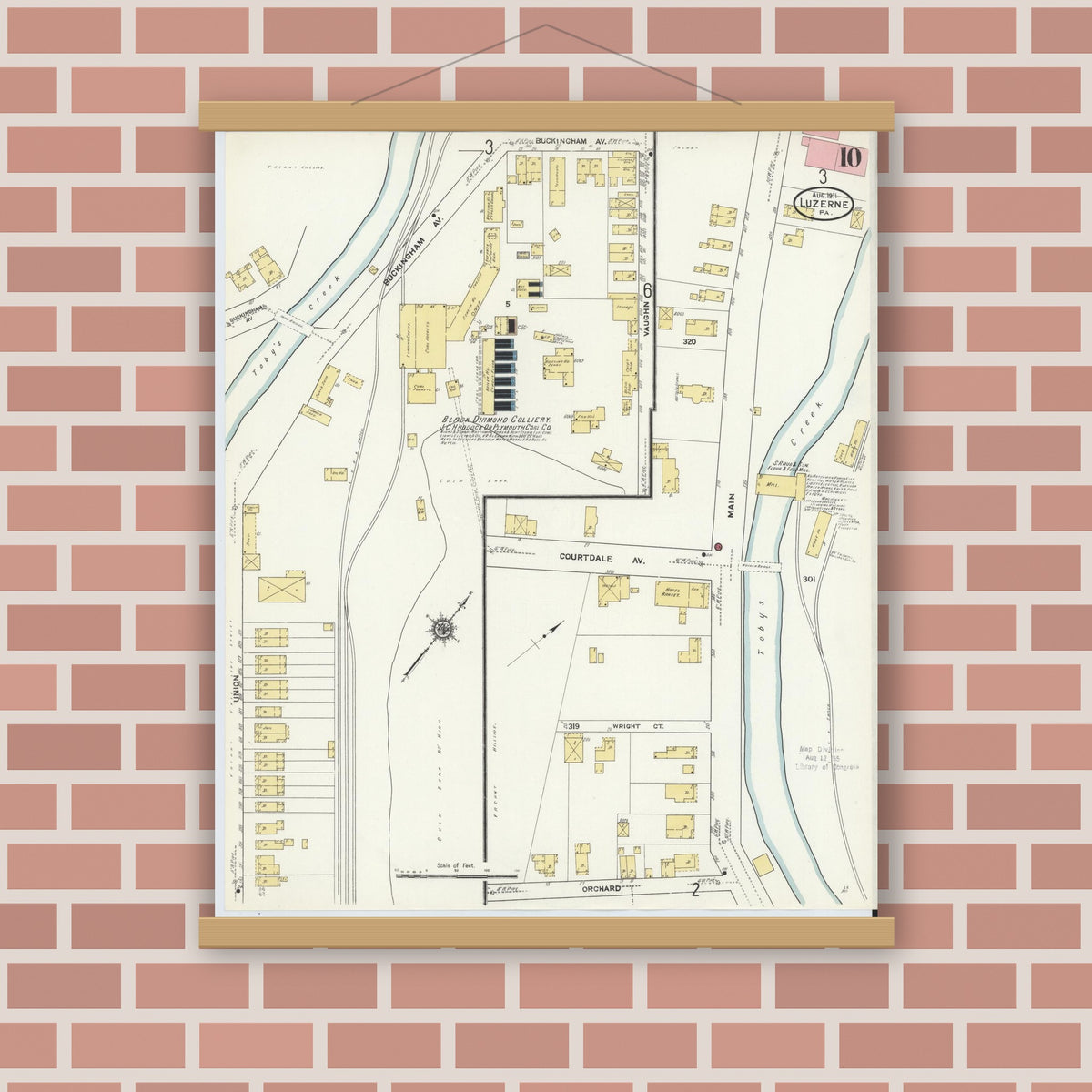 Old map wall art mockup — magnetic wood frame on brick wall — Sanborn Fire Insurance Map from Luzerne, Luzerne County, Pennsylvania (1911), Sheet #0010