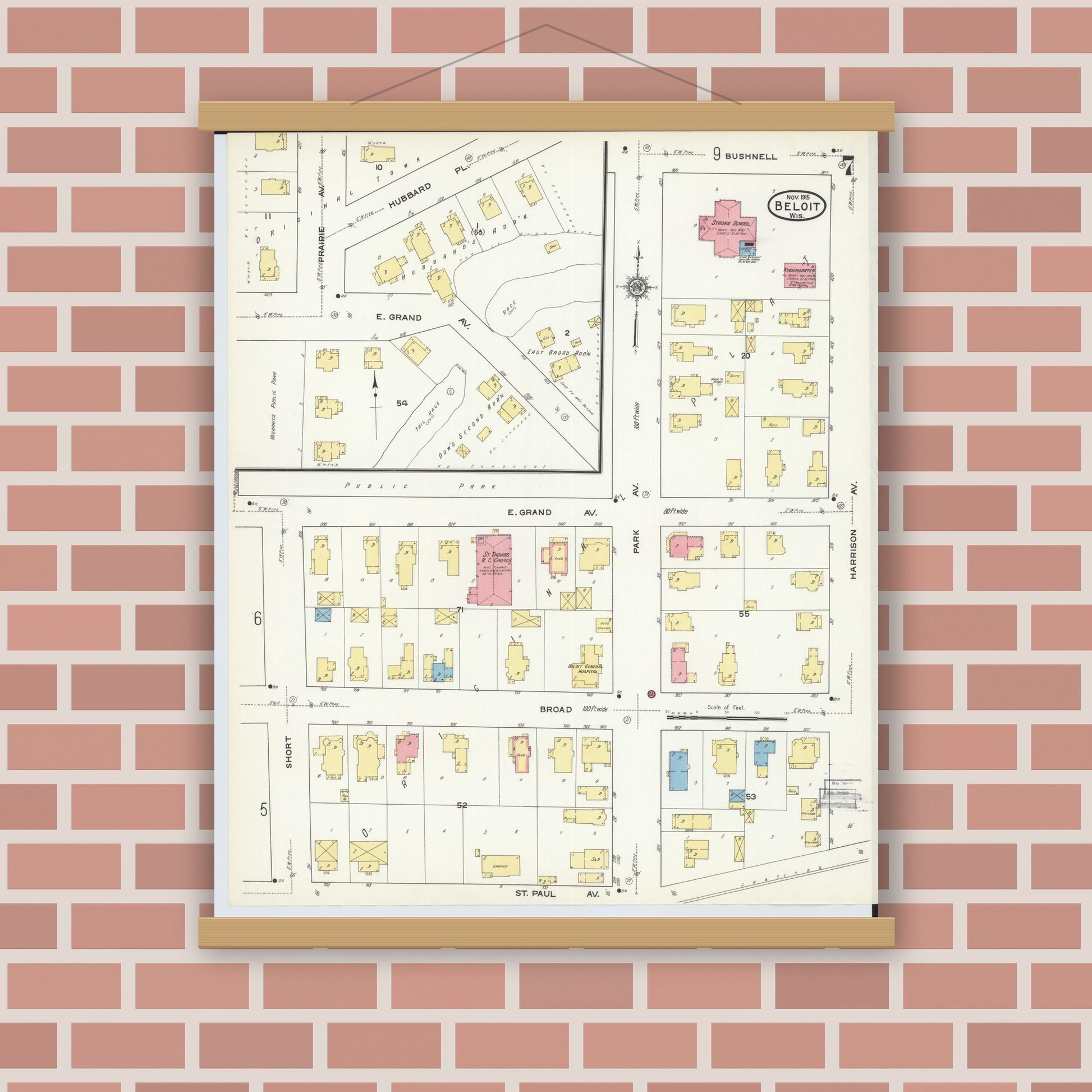 Old map wall art mockup — magnetic wood frame on brick wall — Sanborn Fire Insurance Map from Beloit, Rock County, Wisconsin (1915), Sheet #0007