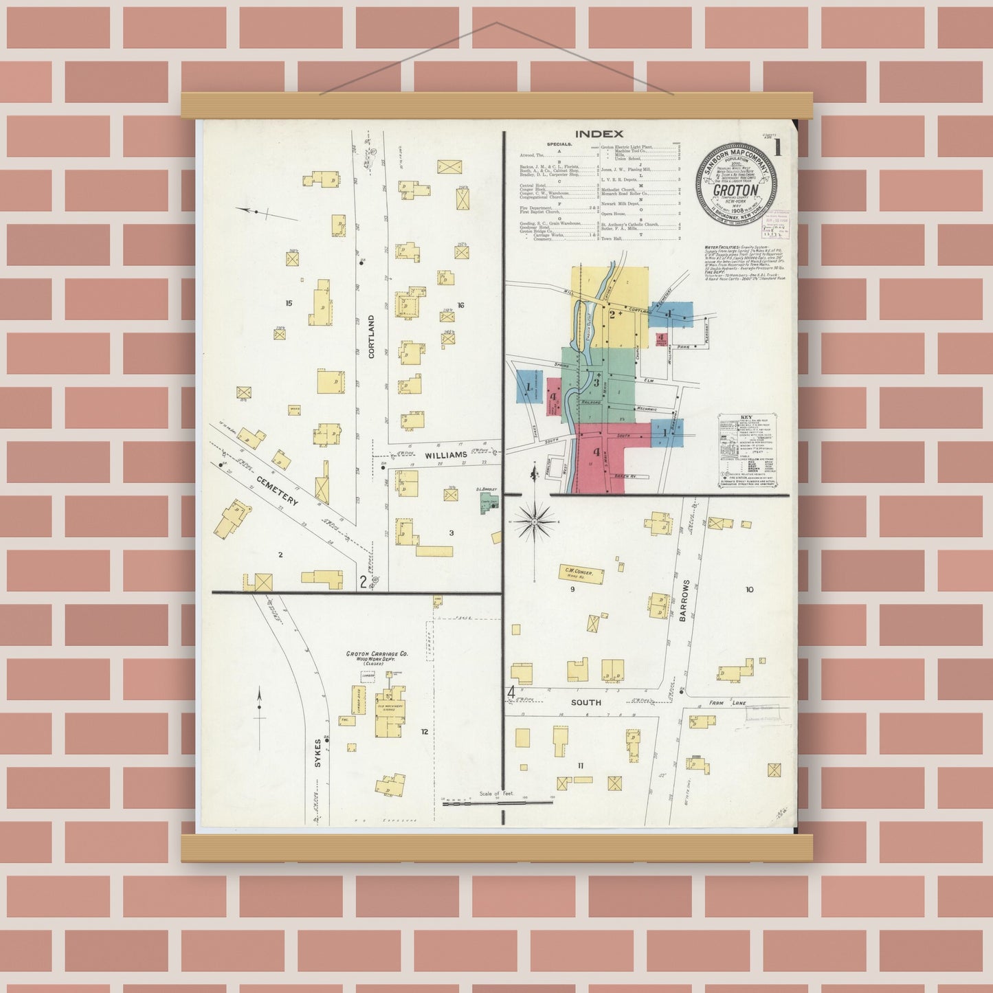 Old map wall art mockup — magnetic wood frame on brick wall — Sanborn Fire Insurance Map from Groton, Tomkins County, New York (1908) - Complete Map Set